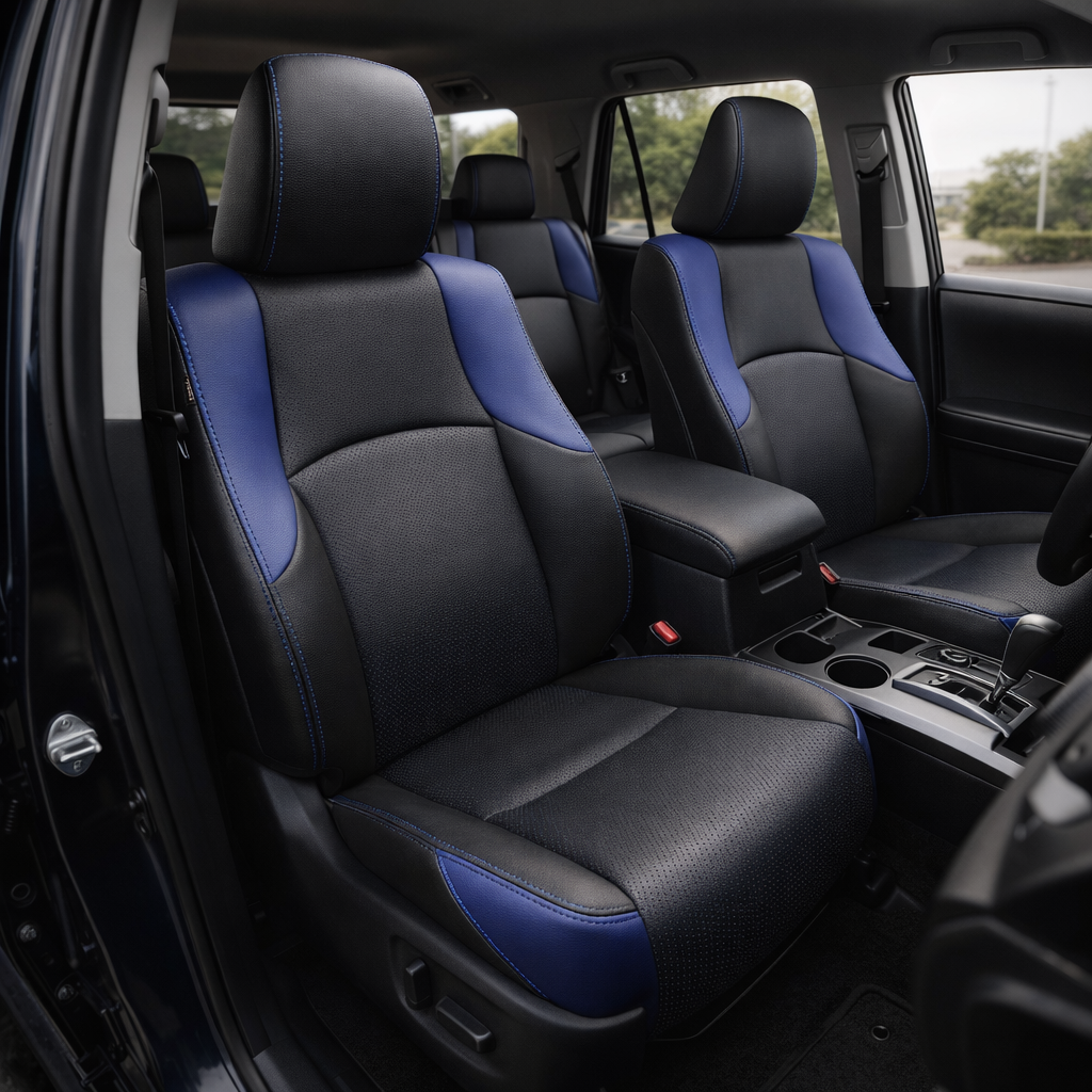 Front in-cabin view of a 2010–2024 Toyota 4Runner SR5 with an installed Leatherteck leather seat upholstery kit in black featuring square-perforated black/blue inserts, Cobalt Blue accent panels, and blue contrast stitching. The image shows the upgraded driver and passenger front bucket seats with black headrests, black leather seat faces, perforated center inserts on the seatbacks and cushions, Cobalt Blue side accent panels on the bolsters, blue stitched seams along the headrests and seat edges, the fron