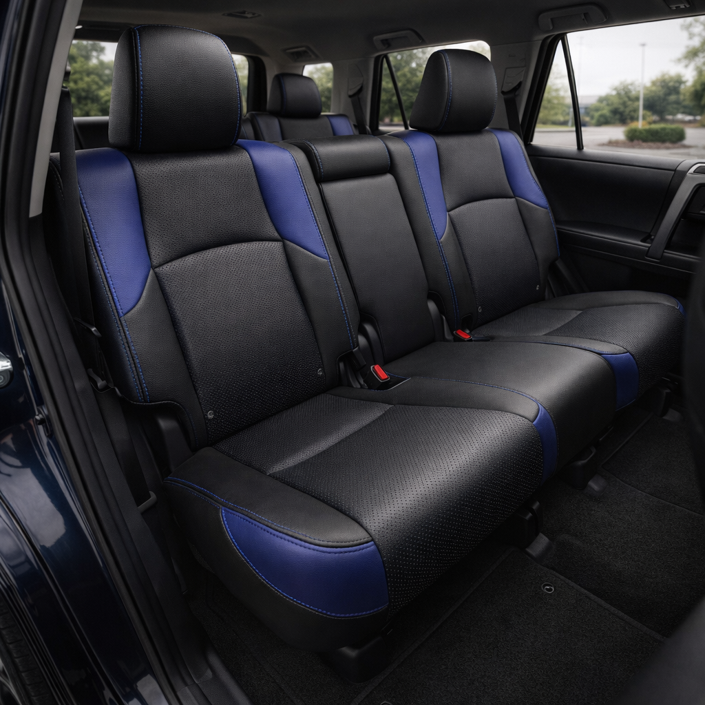 Rear in-cabin view of a 2010–2024 Toyota 4Runner SR5 with an installed Leatherteck leather seat upholstery kit in black featuring square-perforated blue inserts, Cobalt Blue accent panels, and blue contrast stitching. The image shows the upgraded rear bench seat with three black headrests, black leather seatbacks and cushions with textured perforated center sections, Cobalt Blue side accent panels on the outer rear seats, blue stitched seams along the headrests and seat edges, visible seatbelts, red seatbe
