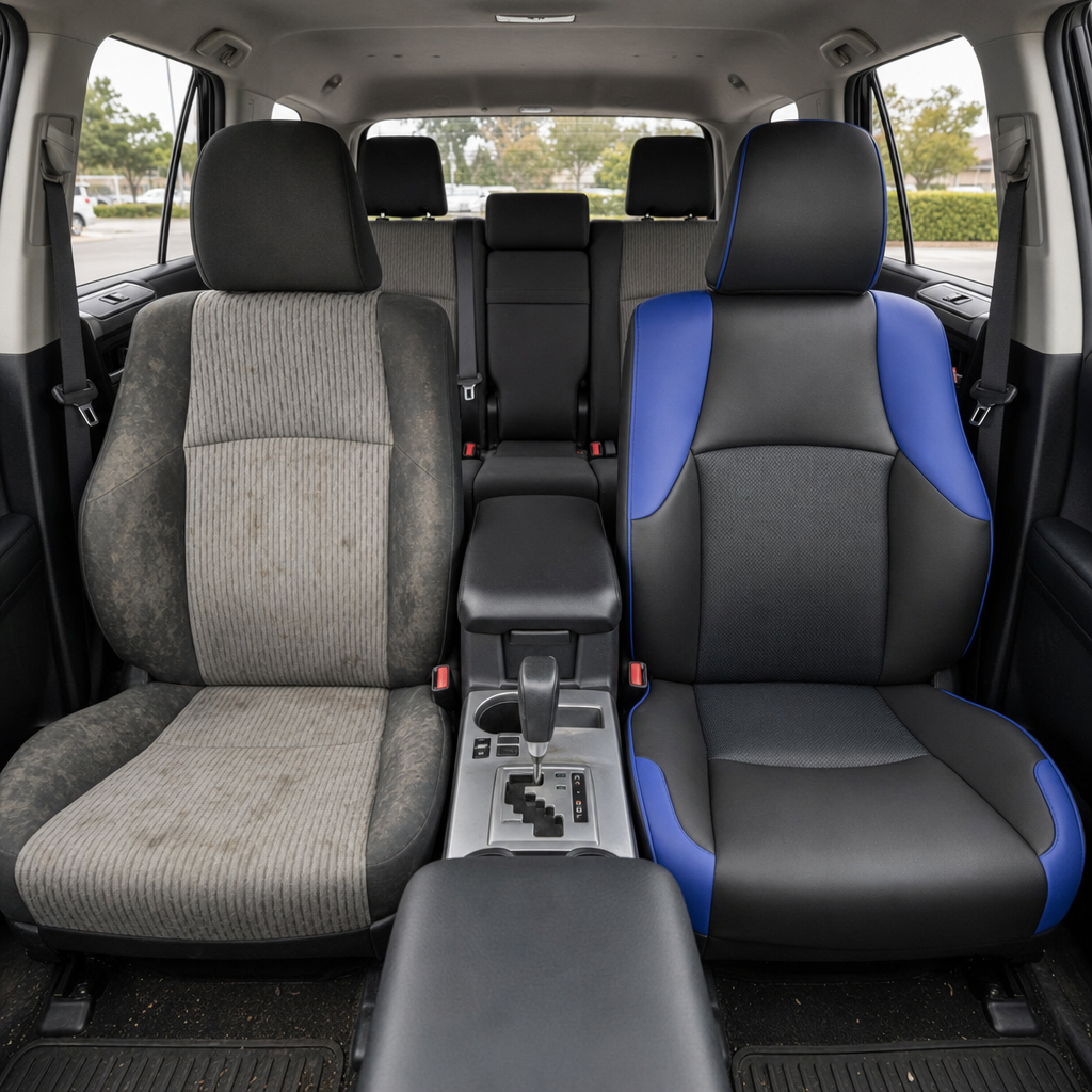 Before-and-after front in-cabin view of a 2010–2024 Toyota 4Runner SR5 showing a seat upholstery upgrade: the left front seat has worn factory gray cloth upholstery, while the right front seat features an upgraded Leatherteck leather seat kit in black with square-perforated blue inserts, Cobalt Blue accent panels, and Cobalt Blue piping. The image shows the Toyota 4Runner interior with the front center console, gear shifter, cupholders, black armrest, rear bench seat, headrests, seatbelts, red seatbelt buc