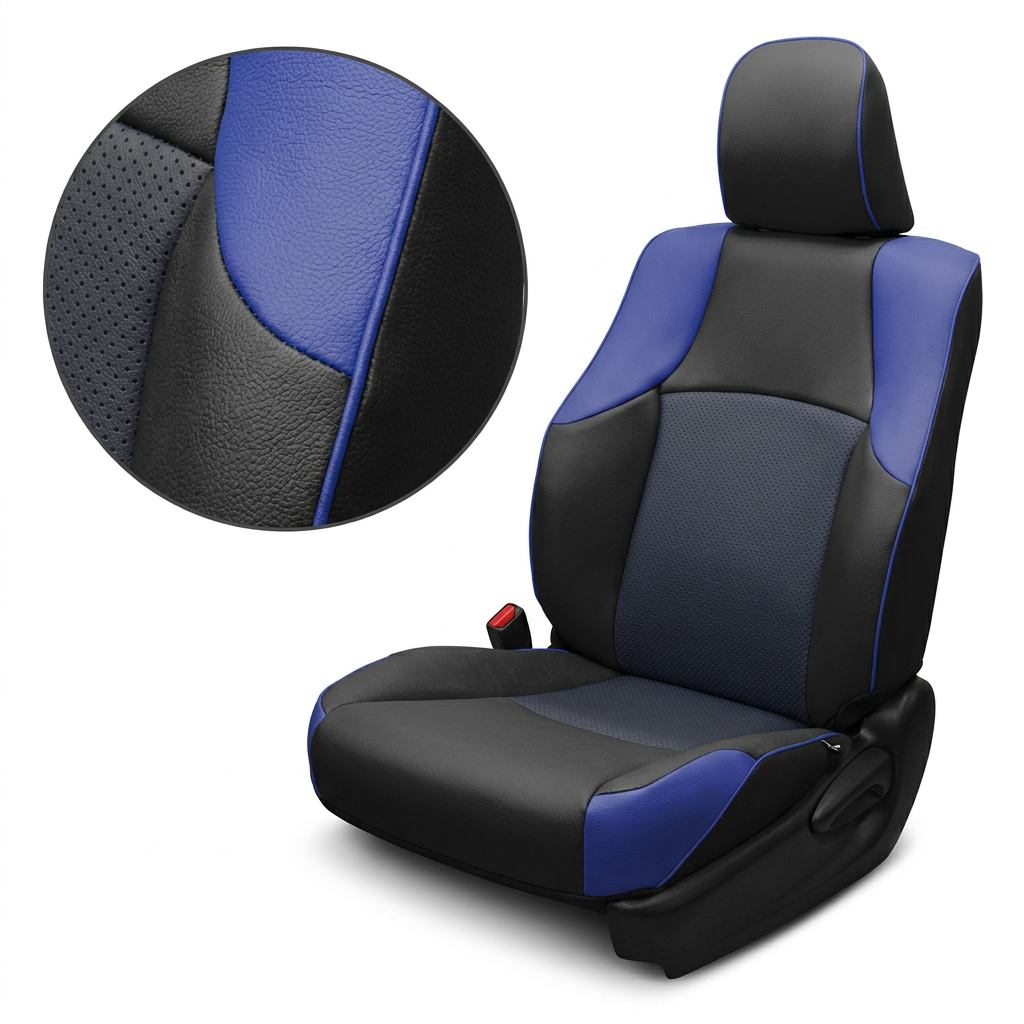  Close-up product image of a 2010–2024 Toyota 4Runner SR5 Leatherteck leather seat upholstery kit in black with square-perforated blue inserts, Cobalt Blue accent panels, and Cobalt Blue piping. The seat is shown on a white background with a circular zoom inset highlighting the black leather grain, blue square-perforated insert texture, Cobalt Blue panel material, and blue piping seam detail. The full seat displays a black headrest with blue piping, black upper and side bolsters, Cobalt Blue shoulder and l
