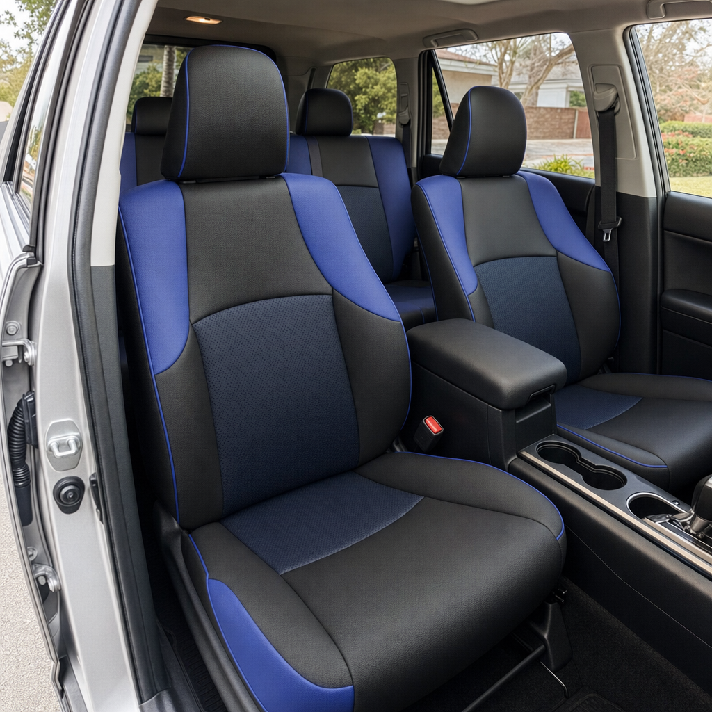 Front in-cabin view of a 2010–2024 Toyota 4Runner SR5 with an installed Leatherteck leather seat upholstery kit in black featuring square-perforated blue inserts, Cobalt Blue accent panels, and Cobalt Blue piping. The image shows the upgraded driver and passenger front bucket seats with black headrests, blue perforated center panels on the seatbacks and cushions, Cobalt Blue shoulder and lower bolster accent panels, blue piping along the headrests and seat edges, the front center console with armrest, cuph