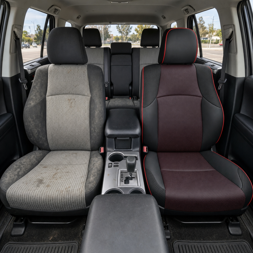 Before-and-after front in-cabin view of a 2010–2024 Toyota 4Runner SR5 showing a seat upholstery upgrade: the left front seat has worn factory gray cloth upholstery, while the right front seat features an upgraded Leatherteck leather seat kit in black with square-perforated red inserts, carbon fiber-style accent panels, and red piping. The image also shows the front center console, gear shifter, cupholders, black armrest, rear bench seat, headrests, seatbelts, red seatbelt buckles, side windows, door panel