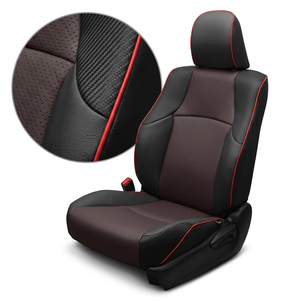 Close-up product image of a 2010–2024 Toyota 4Runner SR5 Leatherteck leather seat upholstery kit in black with square-perforated red inserts, carbon fiber-style accent panels, and red piping. The seat is shown on a white background with a circular zoom inset highlighting the red perforated insert texture, black leather grain, carbon fiber-style panel pattern, and red piping detail. The full seat displays a black headrest with red piping, red perforated seatback and cushion inserts, black leather bolsters, 