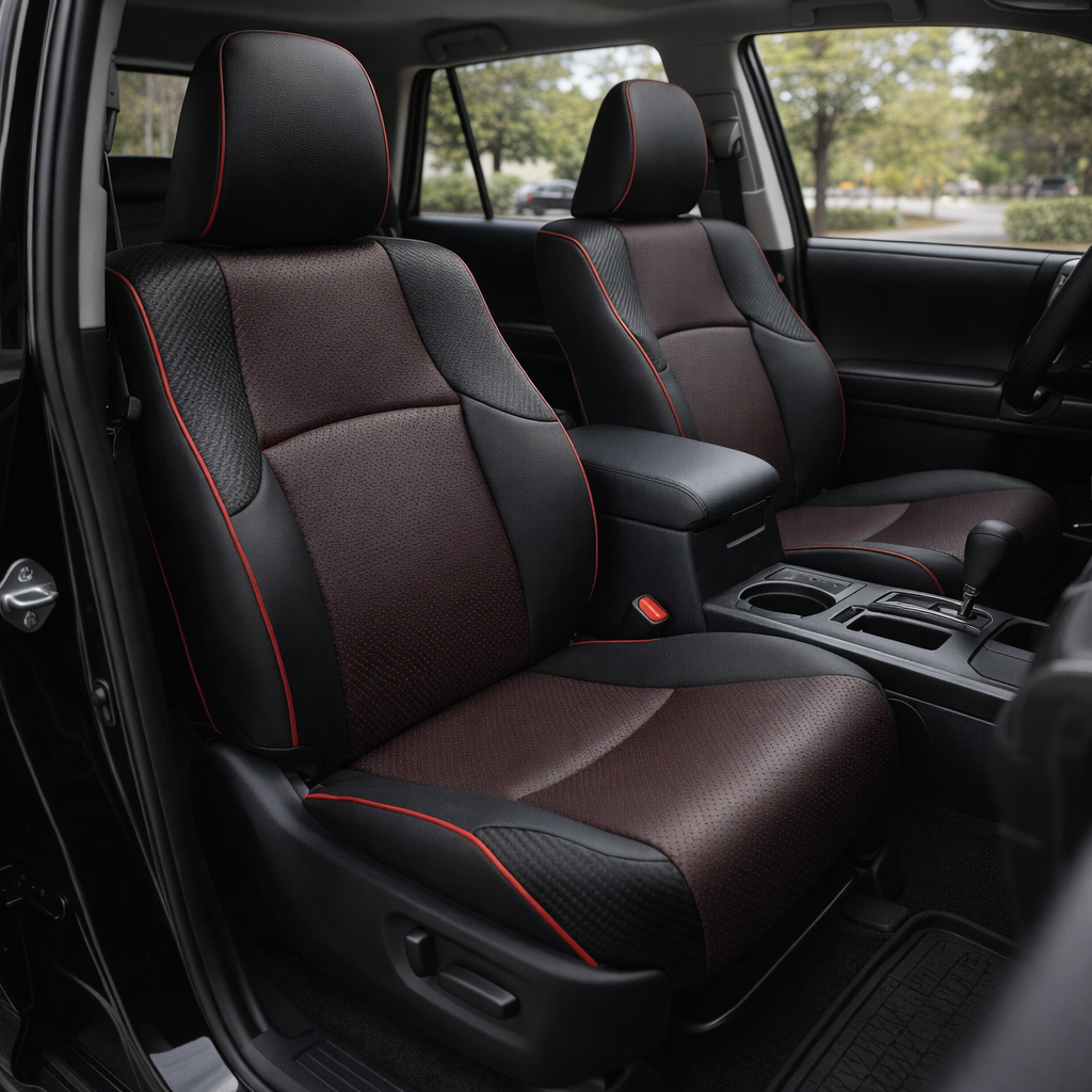 Front in-cabin view of a 2010–2024 Toyota 4Runner SR5 with an installed Leatherteck leather seat upholstery kit in black featuring square-perforated red inserts, carbon fiber-style accent panels, and red piping. The image shows the upgraded driver and passenger front bucket seats with black headrests, red perforated center panels on the seatbacks and cushions, black leather outer bolsters, textured carbon fiber-style shoulder and lower accent panels, red piping along the headrests, bolsters, and seat edges