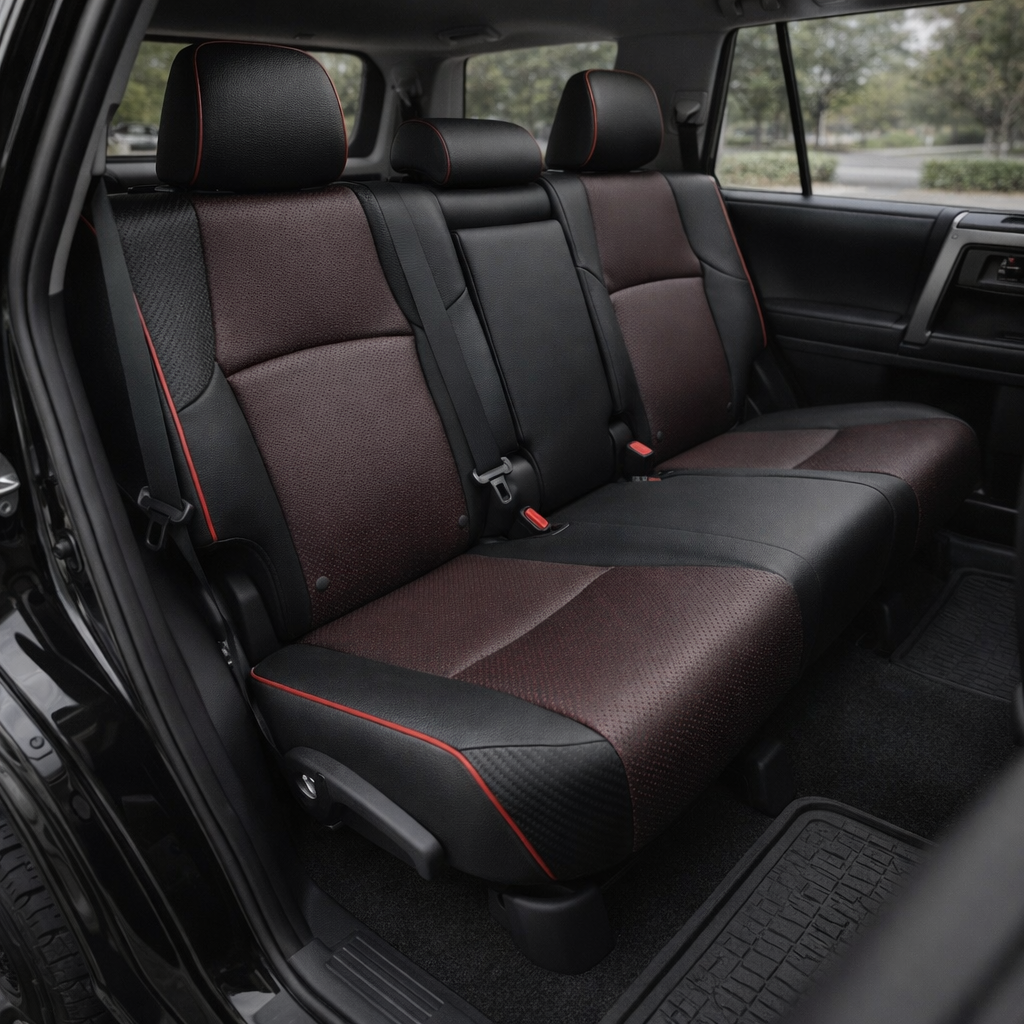  Rear in-cabin view of a 2010–2024 Toyota 4Runner SR5 with an installed Leatherteck leather seat upholstery kit in black featuring square-perforated red inserts, carbon fiber-style accent panels, and red piping. The image shows the upgraded rear bench seat with three black headrests, red perforated seatback and cushion insert panels, black leather center and side sections, textured carbon fiber-style outer accent panels, red piping along the headrests, bolsters, and seat edges, visible seatbelts, red seatb
