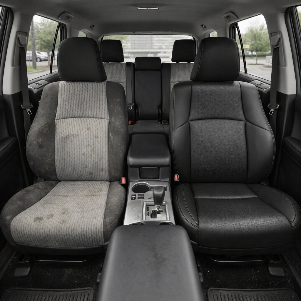 Before-and-after front in-cabin view of a 2010–2024 Toyota 4Runner SR5 showing a seat upholstery upgrade: the left front seat has worn factory gray cloth upholstery, while the right front seat features the upgraded Leatherteck leather seat kit in black with black stitching throughout. The image also shows the front center console, gear shifter, cupholder, armrest, red seatbelt buckles, rear bench seat with headrests, side windows, and dark floor carpeting inside the Toyota 4Runner cabin.