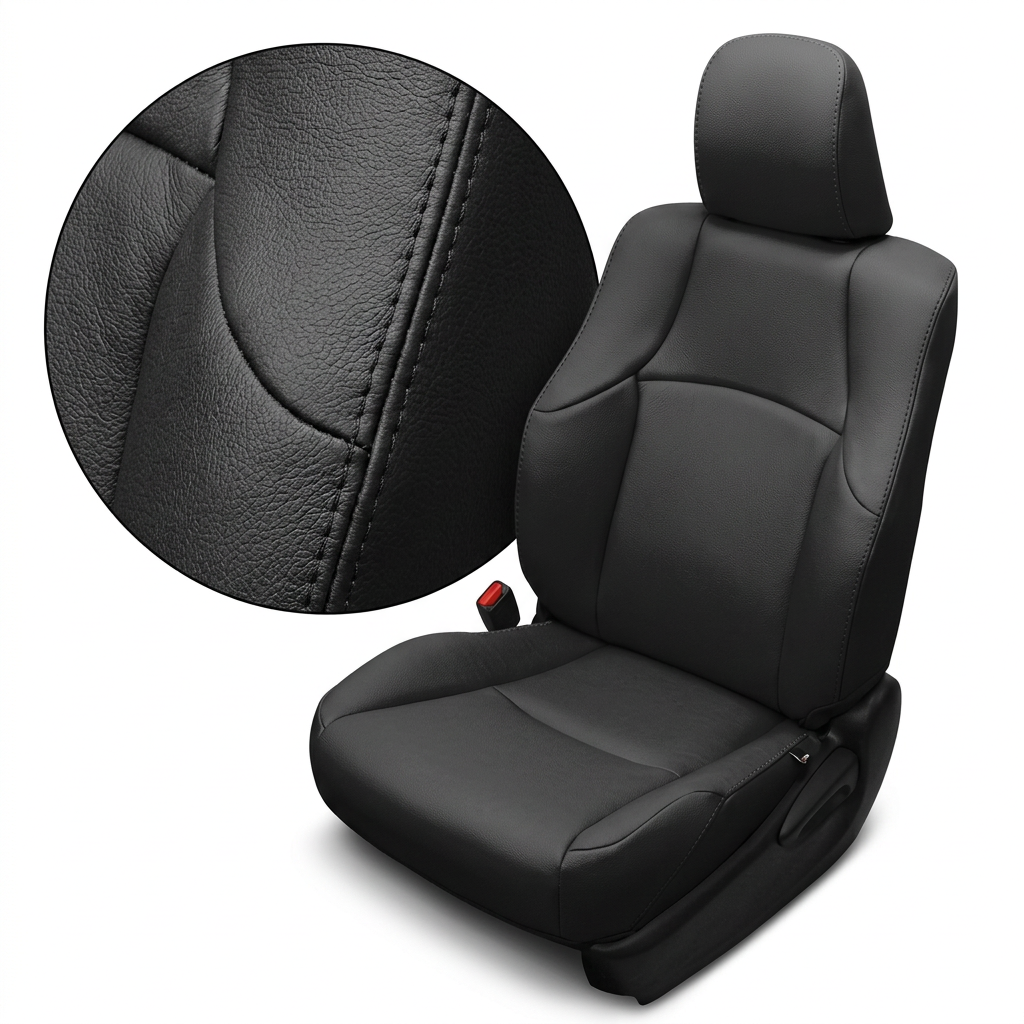 Close-up product image of a 2010–2024 Toyota 4Runner SR5 Leatherteck leather seat upholstery kit in black with black stitching throughout. The seat is shown on a white background with a circular zoom inset highlighting the black leather grain, smooth panel texture, and black double-stitched seam detail. The full seat displays a matching black headrest, black leather bolsters, smooth black seatback and cushion panels, subtle black stitching, a red seatbelt buckle, and black seat base controls.