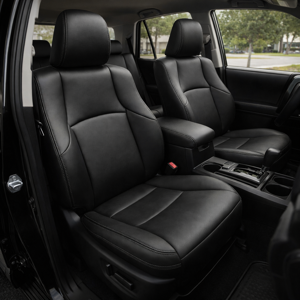 Front in-cabin view of a 2010–2024 Toyota 4Runner SR5 with an installed Leatherteck leather seat upholstery kit in black with black stitching throughout.
The image shows the upgraded driver and passenger front bucket seats with matching black headrests, smooth black leather seat panels, black bolsters, subtle black seam stitching, the front center console with armrest, gear shifter, cupholders, red seatbelt buckle, front door panel, partial steering wheel, rear seating area, and dark floor mat inside the T