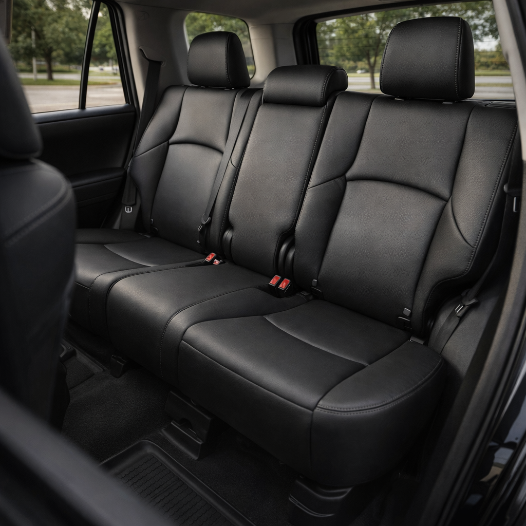  Rear in-cabin view of a 2010–2024 Toyota 4Runner SR5 with an installed Leatherteck leather seat upholstery kit in black with black stitching throughout. The image shows the upgraded rear bench seat with black leather upholstery, two tall outer headrests and a smaller center headrest, smooth black seatback and cushion panels, black bolsters, subtle black seam stitching, visible seatbelts, red seatbelt buckles, rear side windows, dark carpeted floor, and black all-weather floor mat inside the Toyota 4Runner