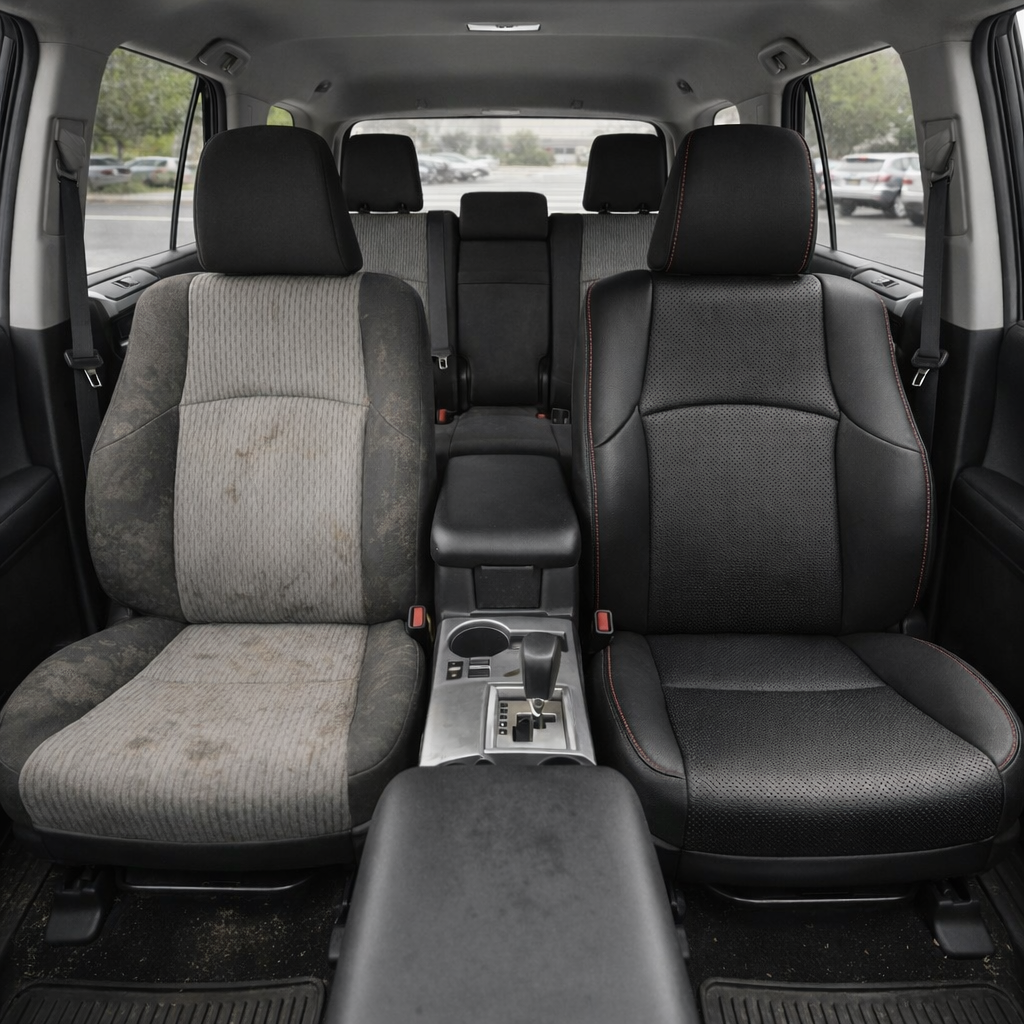 Before-and-after front in-cabin view of a 2010–2024 Toyota 4Runner SR5 showing a seat upholstery upgrade: the left front seat has worn factory gray cloth upholstery, while the right front seat features an upgraded Leatherteck leather seat kit in black with perforated black inserts and red contrast stitching.
The image shows the Toyota 4Runner interior with the front center console, gear shifter, cupholders, black armrest, rear bench seat, headrests, seatbelts, red seatbelt buckles, side windows, door panel
