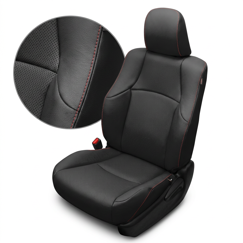 Close-up product image of a 2010–2024 Toyota 4Runner SR5 Leatherteck leather seat upholstery kit in black, featuring perforated black inserts and red contrast stitching. The seat is shown on a white background with a circular zoom inset highlighting the black leather grain, perforated insert texture, curved seam layout, and red double-stitched seam detail. The full seat displays a black headrest, smooth black side bolsters, perforated black seatback and cushion center panels, red contrast stitching along t