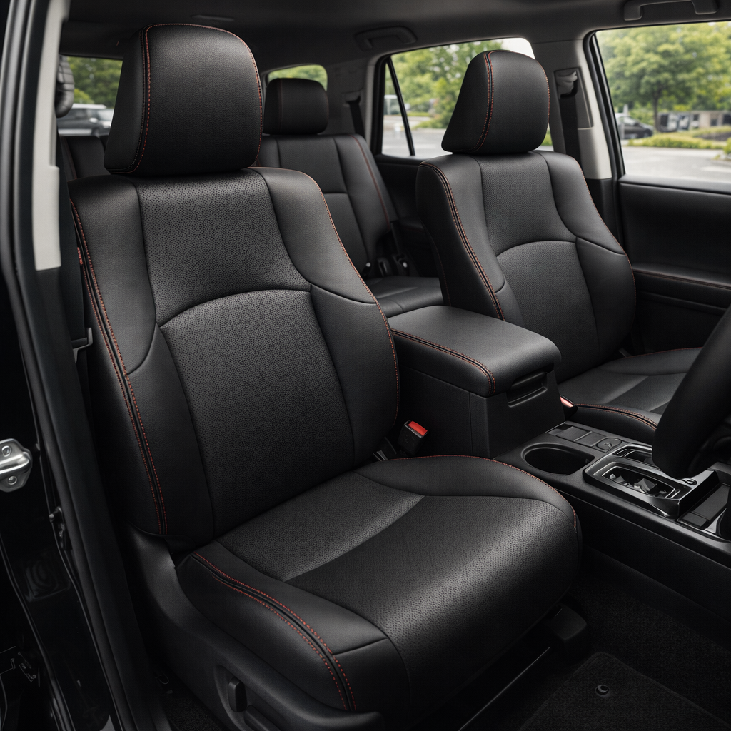 Front in-cabin view of a 2010–2024 Toyota 4Runner SR5 with an installed Leatherteck leather seat upholstery kit in black, featuring perforated black inserts and red contrast stitching. The image shows the upgraded driver and passenger front bucket seats with black leather headrests, perforated black center panels on the seatbacks and cushions, smooth black side bolsters, and red stitching along the headrests, seams, bolsters, and seat edges. The Toyota 4Runner cabin includes the front center console, black