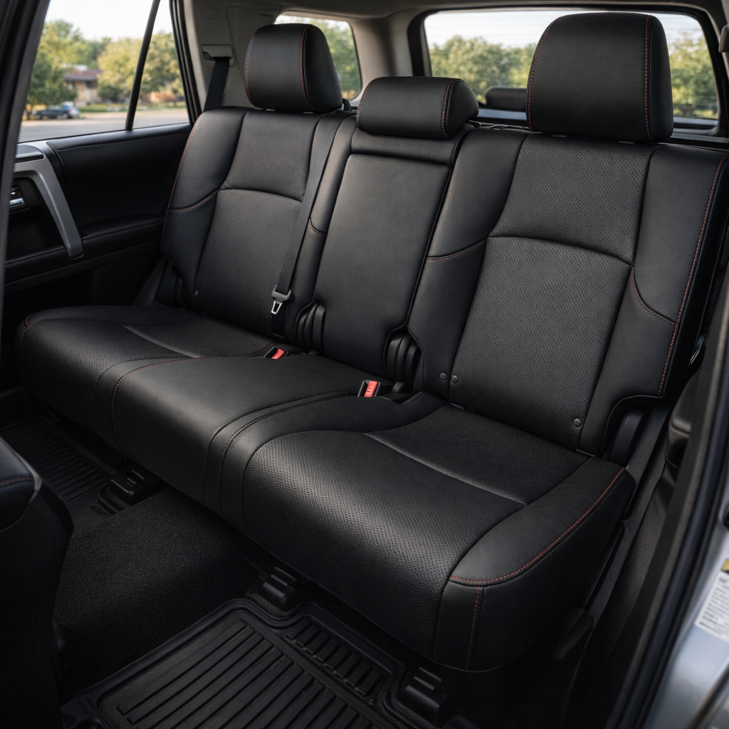 Rear in-cabin view of a 2010–2024 Toyota 4Runner SR5 with an installed Leatherteck leather seat upholstery kit in black, featuring perforated black inserts and red contrast stitching. The image shows the upgraded rear bench seat with three black leather headrests, perforated black center panels on the outer seatbacks and seat cushions, smooth black side bolsters, and red stitching along the headrests, seams, bolsters, and seat edges. The Toyota 4Runner cabin includes visible rear seatbelts, red seatbelt bu