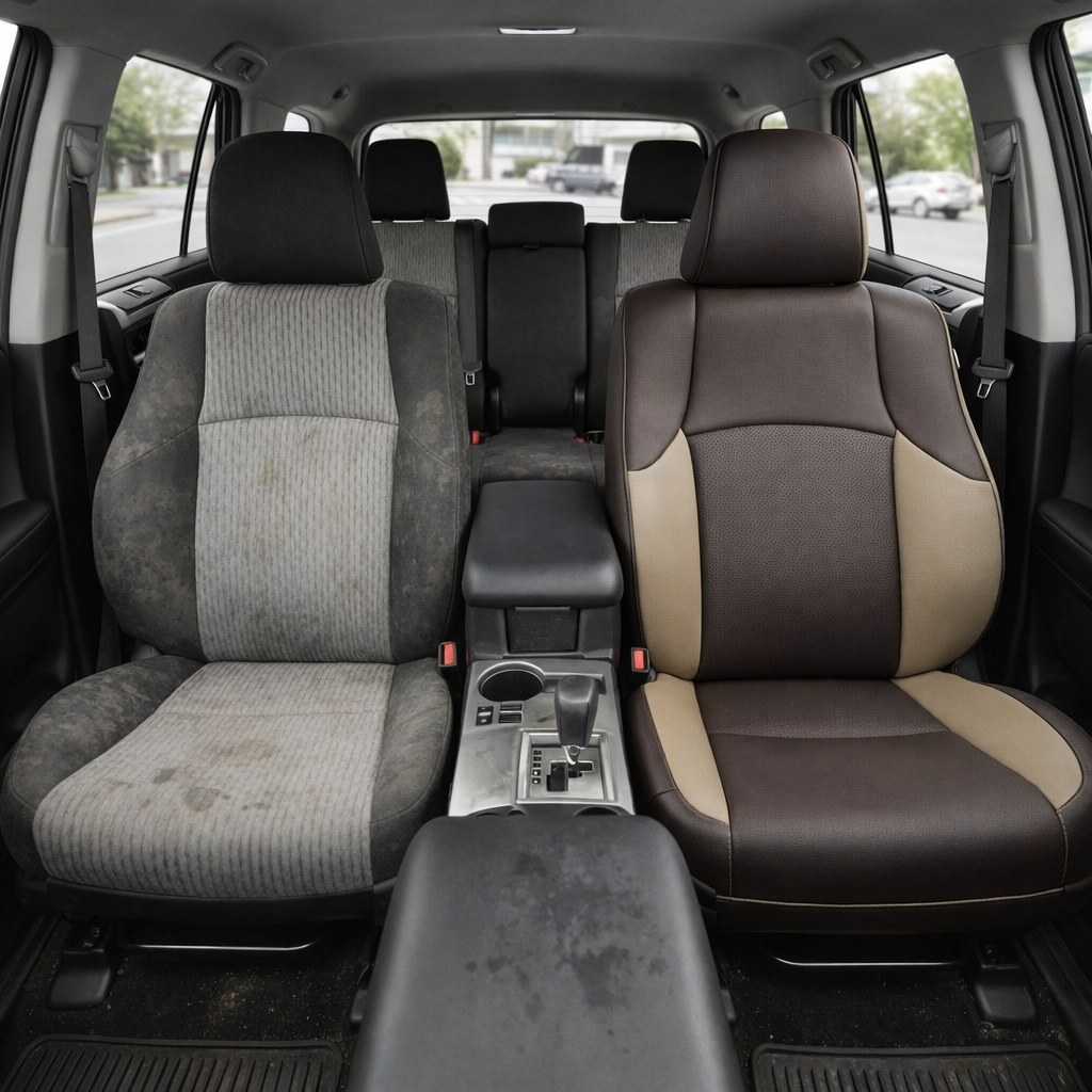 Before-and-after front in-cabin view of a 2010–2024 Toyota 4Runner SR5 showing a seat upholstery upgrade: the left front seat has worn factory gray cloth upholstery, while the right front seat features an upgraded Leatherteck leather seat kit in Ivory Beige with Java Brown perforated inserts, Java Brown panels, and Java Brown piping. The image also shows the front center console, gear shifter, cupholders, black armrest, rear bench seat, headrests, seatbelts, red seatbelt buckles, side windows, door panels,