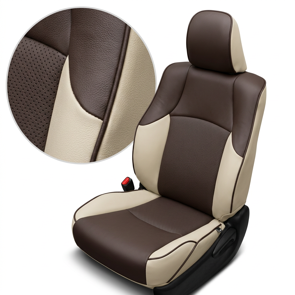 Close-up product image of a 2010–2024 Toyota 4Runner SR5 Leatherteck leather seat upholstery kit in Ivory Beige and Java Brown, featuring Java Brown perforated inserts, Java Brown panels, and Java Brown piping. The seat is shown on a white background with a circular zoom inset highlighting the Java Brown perforated insert texture, Ivory Beige leather grain, Java Brown leather panel, and Java Brown piping detail. The full seat displays a Java Brown headrest face and upper seat panels, Ivory Beige side bolst