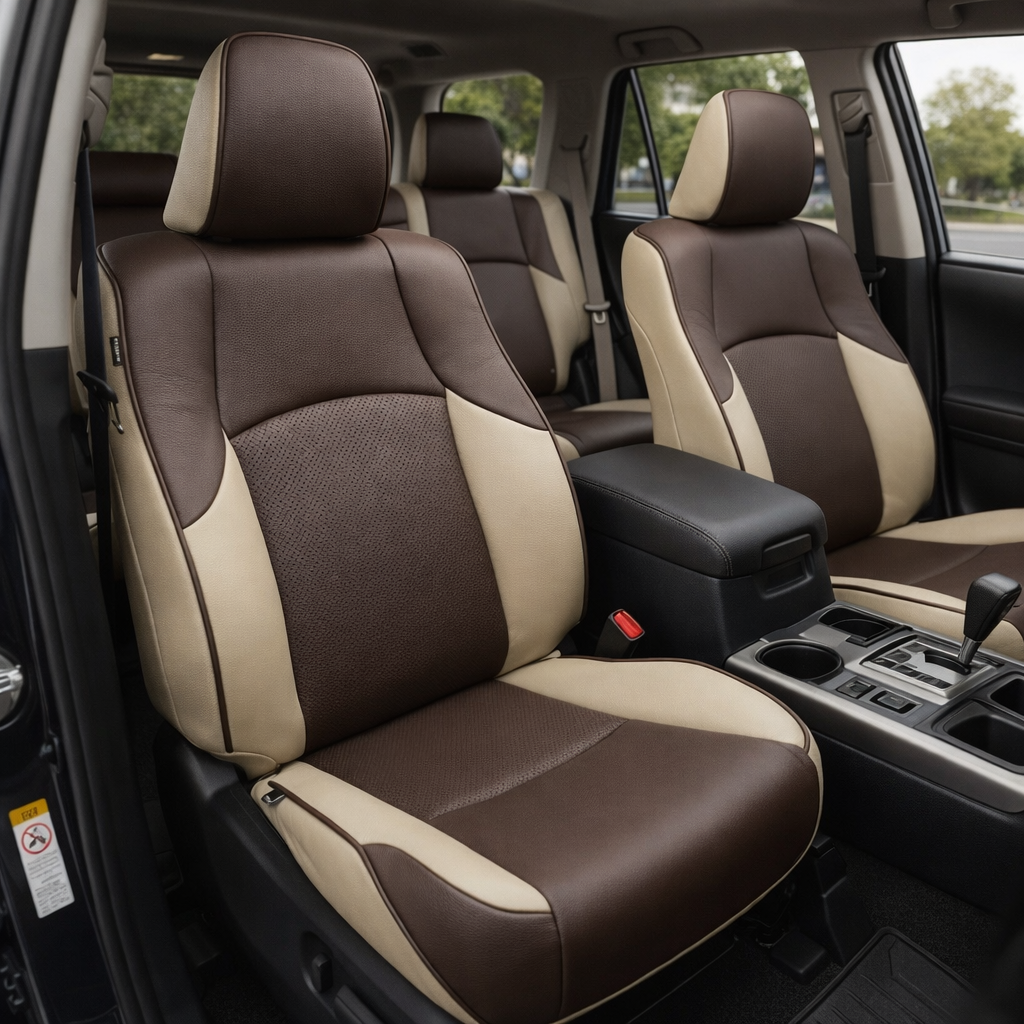 Front in-cabin view of a 2010–2024 Toyota 4Runner SR5 with an installed Leatherteck leather seat upholstery kit in Ivory Beige and Java Brown, featuring Java Brown perforated inserts, Java Brown panels, and Java Brown piping. The image shows the upgraded driver and passenger front bucket seats with Java Brown headrest faces, seatbacks, and cushion panels, Ivory Beige side bolsters and accent sections, perforated Java Brown center inserts, Java Brown piping along the seat edges, the front center console wit