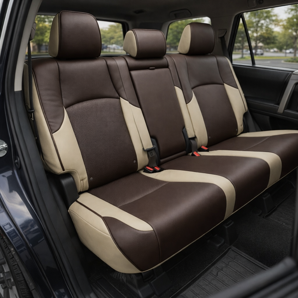 Rear in-cabin view of a 2010–2024 Toyota 4Runner SR5 with an installed Leatherteck leather seat upholstery kit in Ivory Beige and Java Brown, featuring Java Brown perforated inserts, Java Brown panels, and Java Brown piping. The image shows the upgraded rear bench seat with three headrests, Java Brown headrest faces, seatbacks, and cushion panels, Ivory Beige side bolsters and accent sections, perforated Java Brown insert panels, Java Brown piping along the seat edges, visible seatbelts, red seatbelt buckl