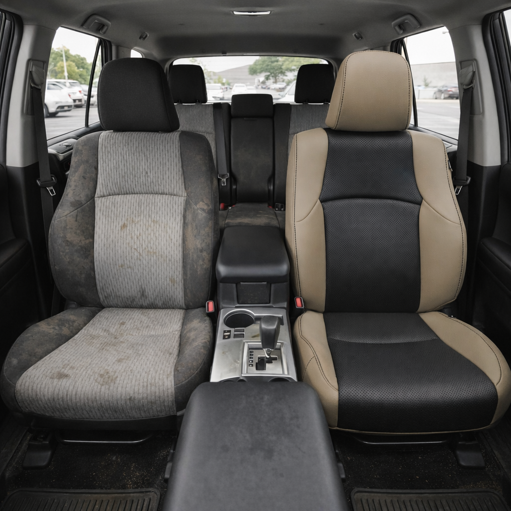 Before-and-after front in-cabin view of a 2010–2024 Toyota 4Runner SR5 showing a seat upholstery upgrade: the left front seat has worn factory gray cloth upholstery, while the right front seat features an upgraded Leatherteck leather seat kit in Ivory with black perforated inserts and black stitching. The image also shows the front center console, gear shifter, cupholders, black armrest, rear bench seat with headrests, seatbelts, red seatbelt buckles, side windows, door panels, black floor mats, and dark i