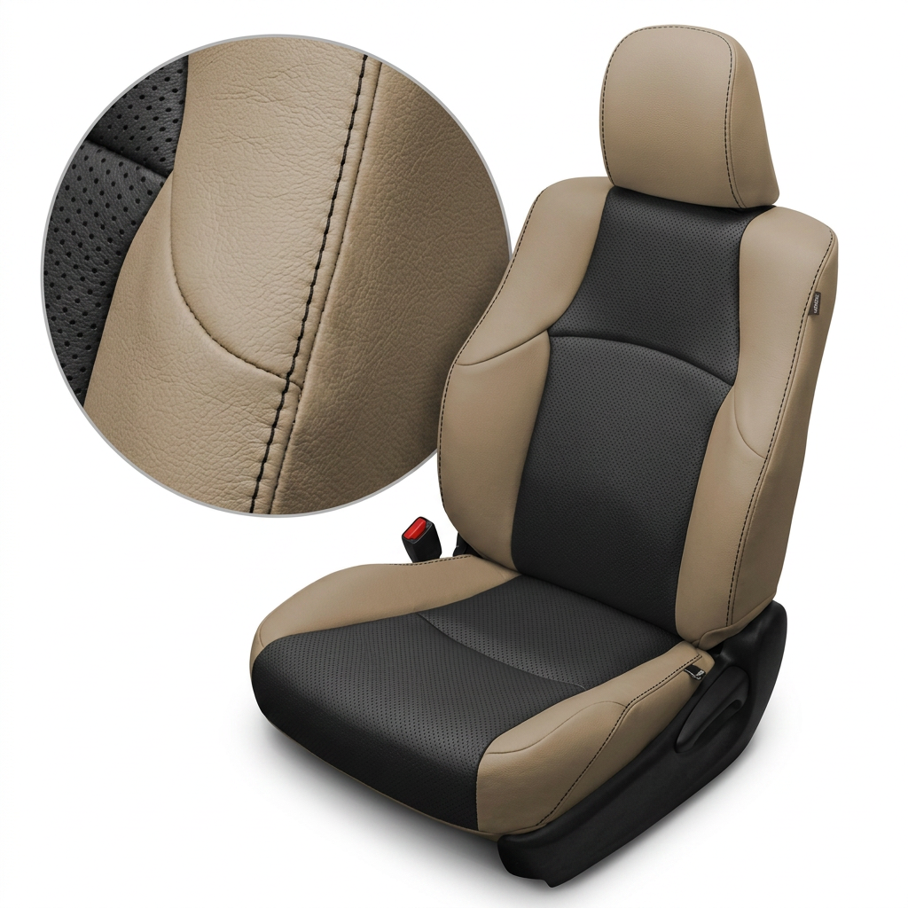  Close-up product image of a 2010–2024 Toyota 4Runner SR5 Leatherteck leather seat upholstery kit in Ivory with black perforated inserts and black stitching. The seat is shown on a white background with a circular zoom inset highlighting the Ivory leather grain, black perforated insert texture, and black stitched seam detail. The full seat displays an Ivory headrest and side bolsters, black perforated seatback and cushion inserts, black stitching along the seams and bolsters, a visible red seatbelt buckle,