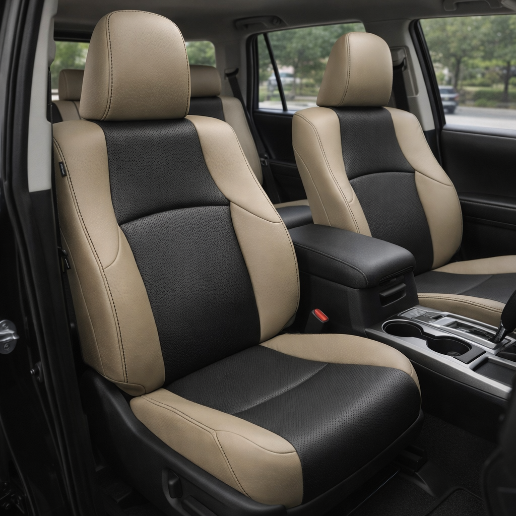  Front in-cabin view of a 2010–2024 Toyota 4Runner SR5 with an installed Leatherteck leather seat upholstery kit in Ivory with black perforated inserts and black stitching. The image shows the upgraded driver and passenger front bucket seats with Ivory headrests and side bolsters, black perforated seatback and cushion inserts, black stitched seams along the headrests and bolsters, the front center console with black armrest, cupholders, gear shifter, red seatbelt buckle, side window, door panel, black floo