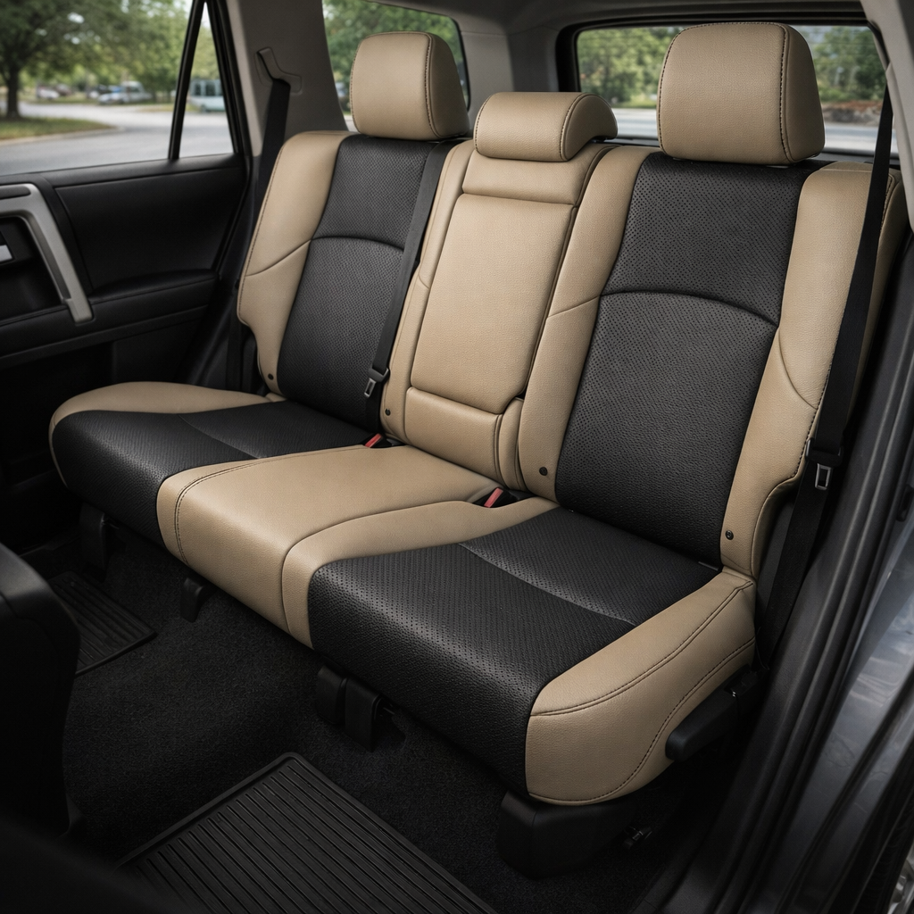 Rear in-cabin view of a 2010–2024 Toyota 4Runner SR5 with an installed Leatherteck leather seat upholstery kit in Ivory with black perforated inserts and black stitching. The image shows the upgraded rear bench seat with three Ivory headrests, Ivory side bolsters and center seating section, black perforated seatback and cushion inserts on the outer rear seats, black stitched seams along the seat edges, visible seatbelts, red seatbelt buckles, rear door panel, side windows, black floor mat, and dark interio