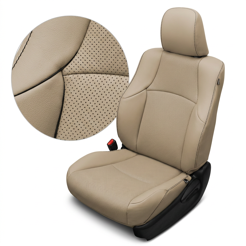  Close-up product image of a 2010–2024 Toyota 4Runner SR5 Leatherteck leather seat upholstery kit in Ivory, featuring perforated Ivory inserts and black contrast stitching. The seat is shown on a white background with a circular zoom inset highlighting the Ivory leather grain, perforated insert texture, curved seam layout, and black double-stitched seam detail. The full seat displays an Ivory headrest, smooth Ivory side bolsters, perforated Ivory seatback and cushion center panels, black contrast stitching