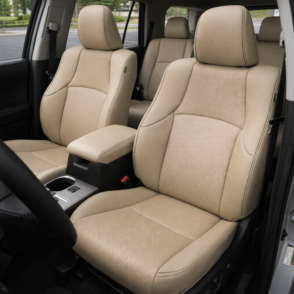 Front in-cabin view of a 2010–2024 Toyota 4Runner SR5 with an installed Leatherteck leather seat upholstery kit in Ivory, featuring perforated Ivory inserts and black contrast stitching. The image shows the upgraded driver and passenger front bucket seats with Ivory headrests, perforated Ivory center panels on the seatbacks and cushions, smooth Ivory side bolsters, black contrast stitching along the headrests, bolsters, and seat seams, the front center console with armrest, cupholder, gear shifter area, r