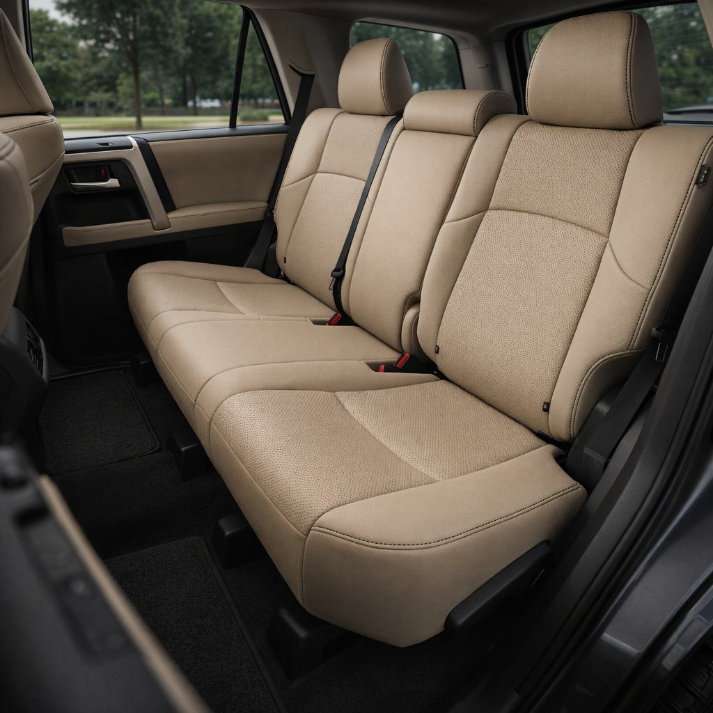  Rear in-cabin view of a 2010–2024 Toyota 4Runner SR5 with an installed Leatherteck leather seat upholstery kit in Ivory, featuring perforated Ivory inserts and black contrast stitching. The image shows the upgraded rear bench seat with three Ivory headrests, perforated Ivory center panels on the outer seatbacks and cushions, smooth Ivory bolsters and center seat sections, black contrast stitching along the headrests, seams, and seat edges, visible black seatbelts, red seatbelt buckles, rear door panel, si