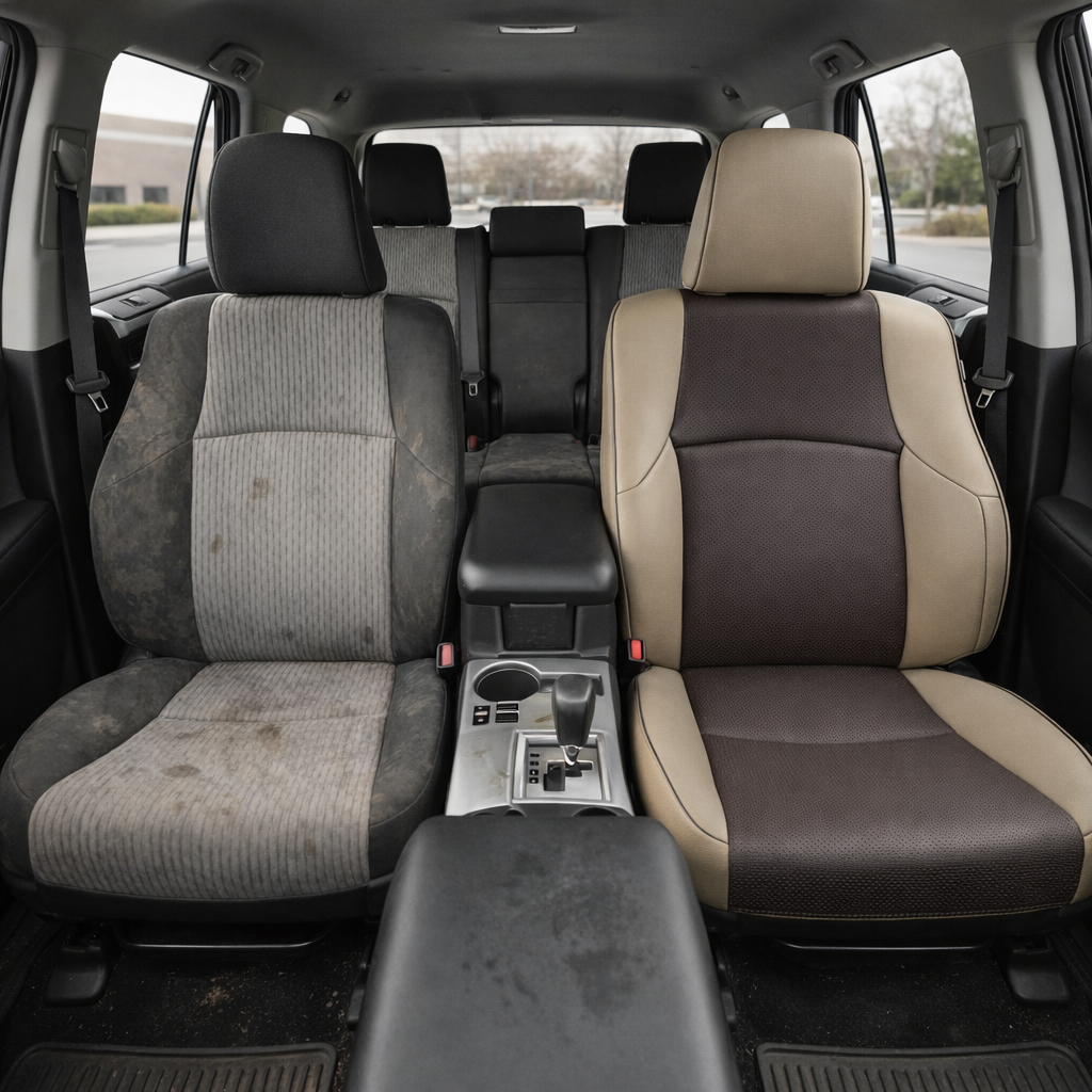 Before-and-after front in-cabin view of a 2010–2024 Toyota 4Runner SR5 showing a seat upholstery upgrade: the left front seat has worn factory gray cloth upholstery, while the right front seat features an upgraded Leatherteck leather seat kit in Ivory with square perforated Java Brown/Natural inserts and Java Brown piping. The image also shows the front center console, gear shifter, cupholders, black armrest, rear bench seat, headrests, seatbelts, red seatbelt buckles, side windows, door panels, black floo