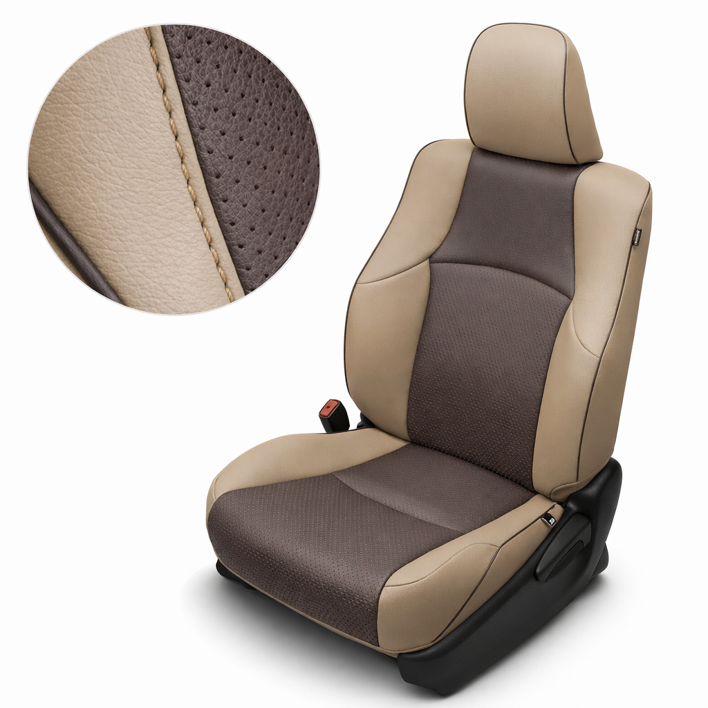 Close-up product image of a 2010–2024 Toyota 4Runner SR5 Leatherteck leather seat upholstery kit in Ivory with square perforated Java Brown/Natural inserts and Java Brown piping. The seat is shown on a white background with a circular zoom inset highlighting the Ivory leather grain, Java Brown perforated insert texture, Java Brown piping, and stitched seam detail. The full seat displays an Ivory headrest and outer bolsters, Java Brown center panels on the seatback and cushion, contrast piping along the sea