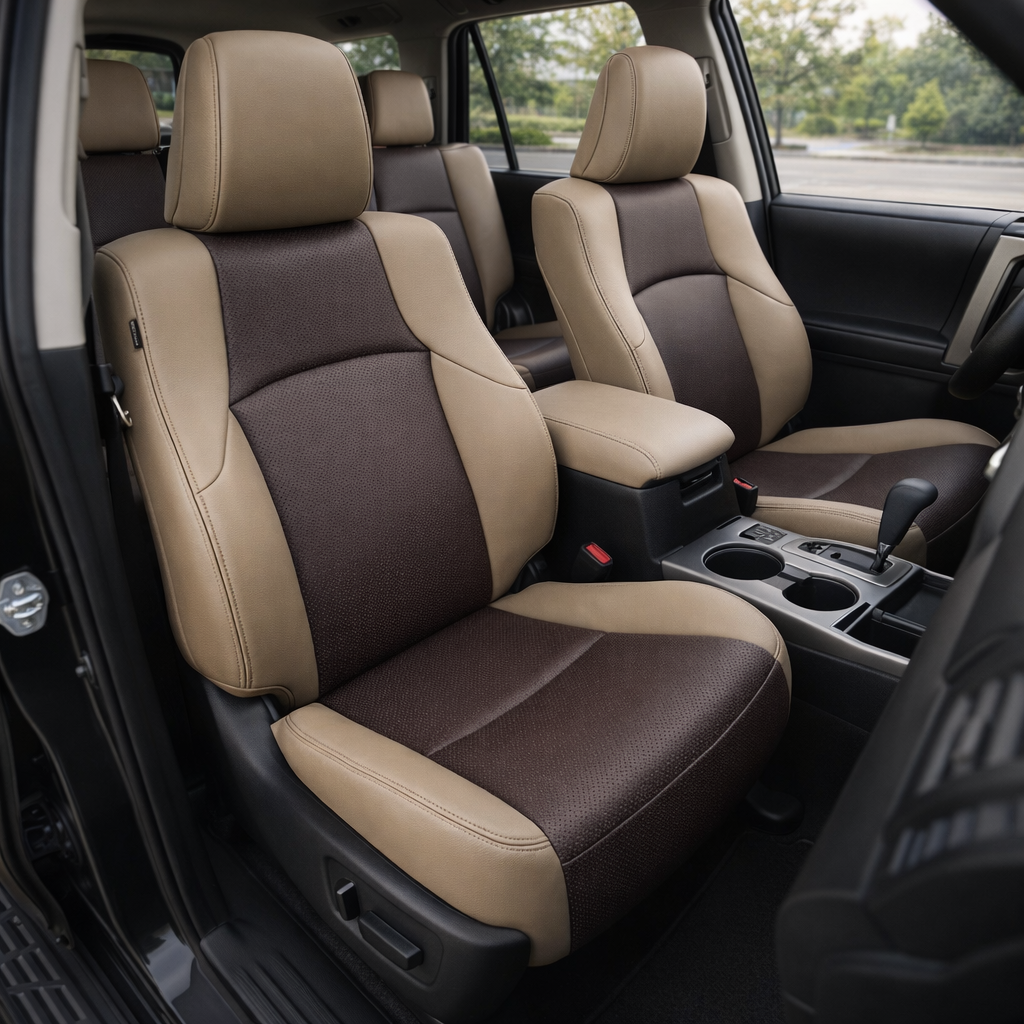 Front in-cabin view of a 2010–2024 Toyota 4Runner SR5 with an installed Leatherteck leather seat upholstery kit in Ivory featuring square perforated Java Brown/Natural inserts and Java Brown piping. The image shows the upgraded driver and passenger front bucket seats with Ivory headrests and bolsters, Java Brown perforated center panels on the seatbacks and cushions, Java Brown piping and stitched seam accents, the front center console with armrest, cupholders, gear shifter, red seatbelt buckles, rear seat