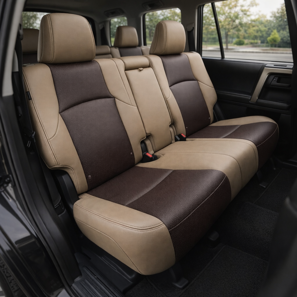 Rear in-cabin view of a 2010–2024 Toyota 4Runner SR5 with an installed Leatherteck leather seat upholstery kit in Ivory featuring square perforated Java Brown/Natural inserts and Java Brown piping. The image shows the upgraded rear bench seat with three Ivory headrests, Ivory outer bolsters and center sections, Java Brown perforated insert panels on the seatbacks and seat cushions, Java Brown piping and stitched seam accents, visible seatbelts, red seatbelt buckles, rear door panel, side windows, black flo