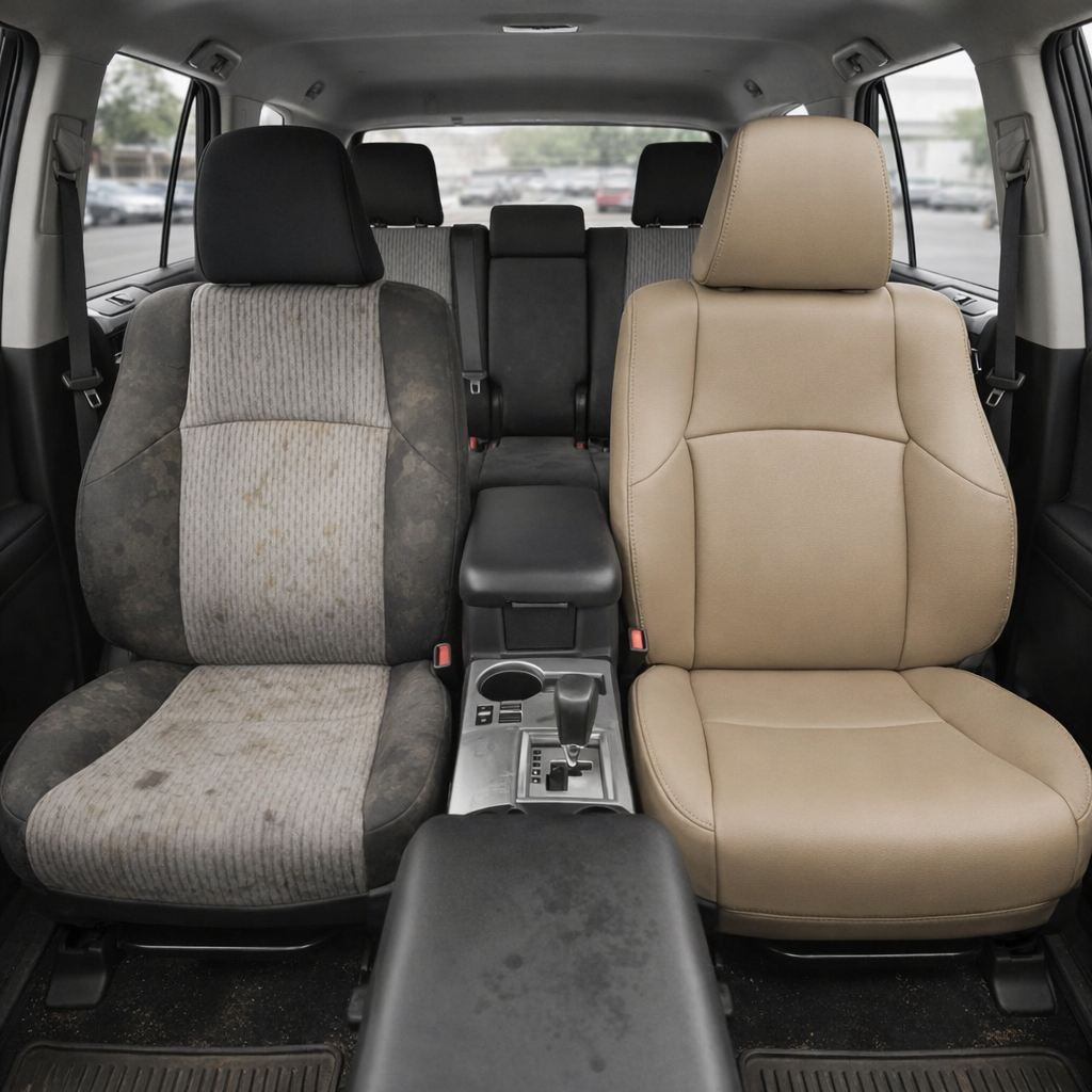 Before-and-after front in-cabin view of a 2010–2024 Toyota 4Runner SR5 showing a seat upholstery upgrade: the left front seat has the original worn factory gray cloth upholstery, while the right front seat features the upgraded Leatherteck leather seat kit in Ivory with Ivory stitching throughout. The image also shows the front center console, gear shifter, cupholder, black armrest, rear bench seat with headrests, seatbelts, door panels, side windows, dark floor mats, and red seatbelt buckles inside the To