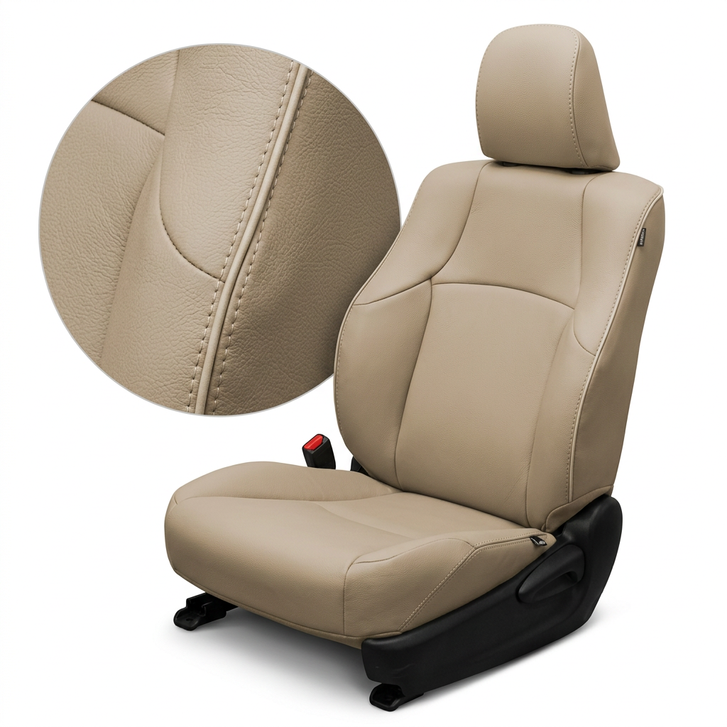 Close-up product image of a 2010–2024 Toyota 4Runner SR5 Leatherteck leather seat upholstery kit in Ivory with Ivory stitching throughout. The seat is shown on a white background with a circular zoom inset highlighting the Ivory leather grain, smooth panel texture, and matching Ivory double-stitched seam detail. The full seat displays a matching Ivory headrest, smooth Ivory seatback and cushion panels, contoured Ivory bolsters, subtle matching stitching, a red seatbelt buckle, black seat base trim, and sid