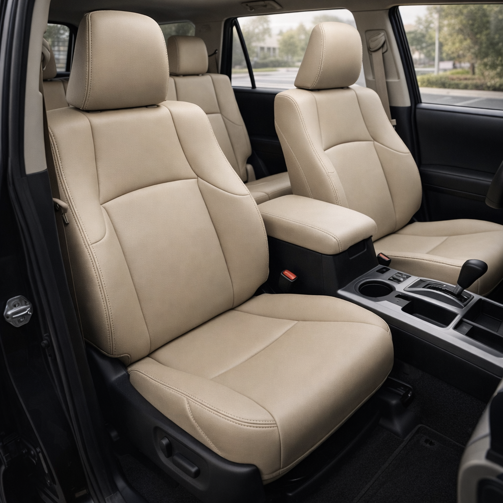 Front in-cabin view of a 2010–2024 Toyota 4Runner SR5 with an installed Leatherteck leather seat upholstery kit in Ivory with Ivory stitching throughout. The image shows the upgraded driver and passenger front bucket seats with matching Ivory headrests, smooth Ivory leather seatback and cushion panels, matching Ivory bolsters, subtle Ivory seam stitching, the front center console with padded armrest, gear shifter, cupholders, red seatbelt buckles, rear seating area, side windows, black door trim, and dark 