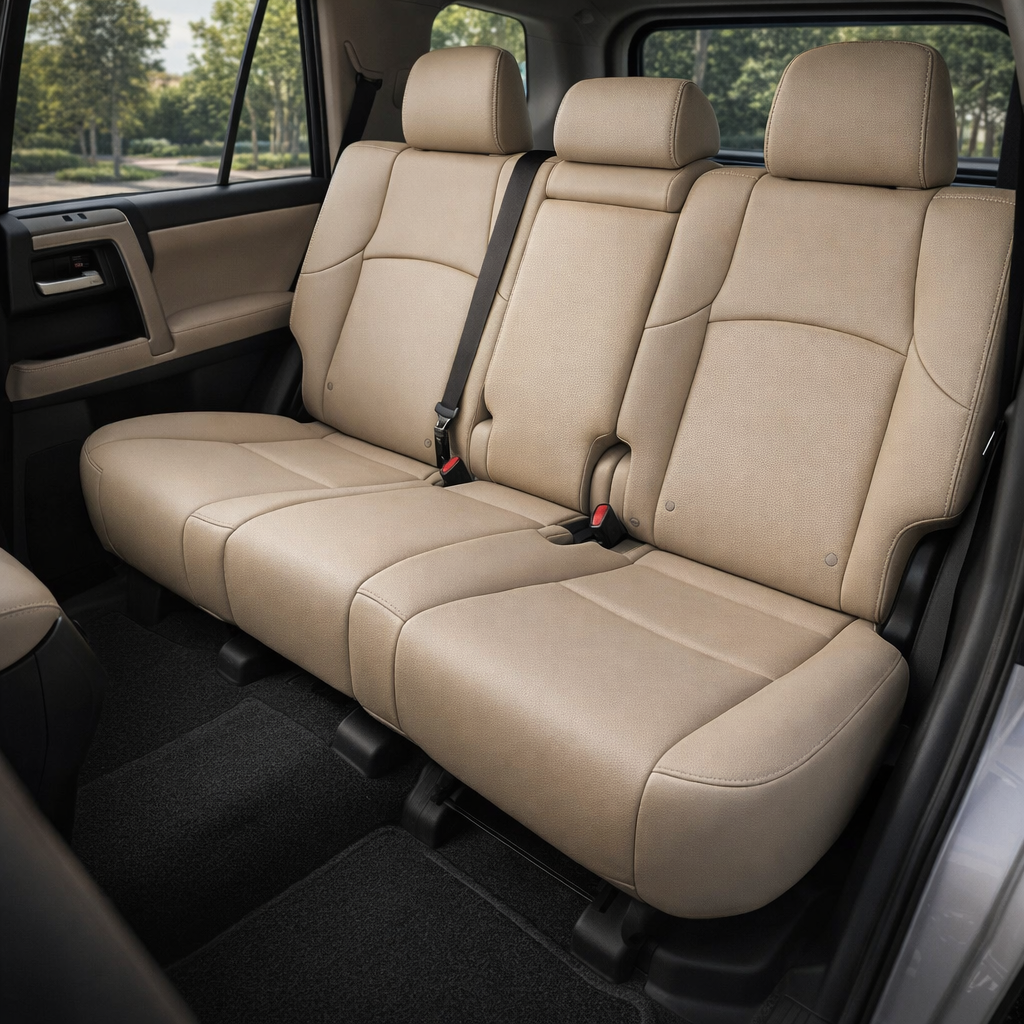 Rear in-cabin view of a 2010–2024 Toyota 4Runner SR5 with an installed Leatherteck leather seat upholstery kit in Ivory with Ivory stitching throughout. The image shows the upgraded rear bench seat with three matching Ivory headrests, smooth Ivory leather seatback and cushion panels, matching Ivory bolsters, subtle Ivory seam stitching, visible seatbelts, red seatbelt buckles, rear door panel, side window, dark carpeted floor, and black interior trim inside the Toyota 4Runner cabin.