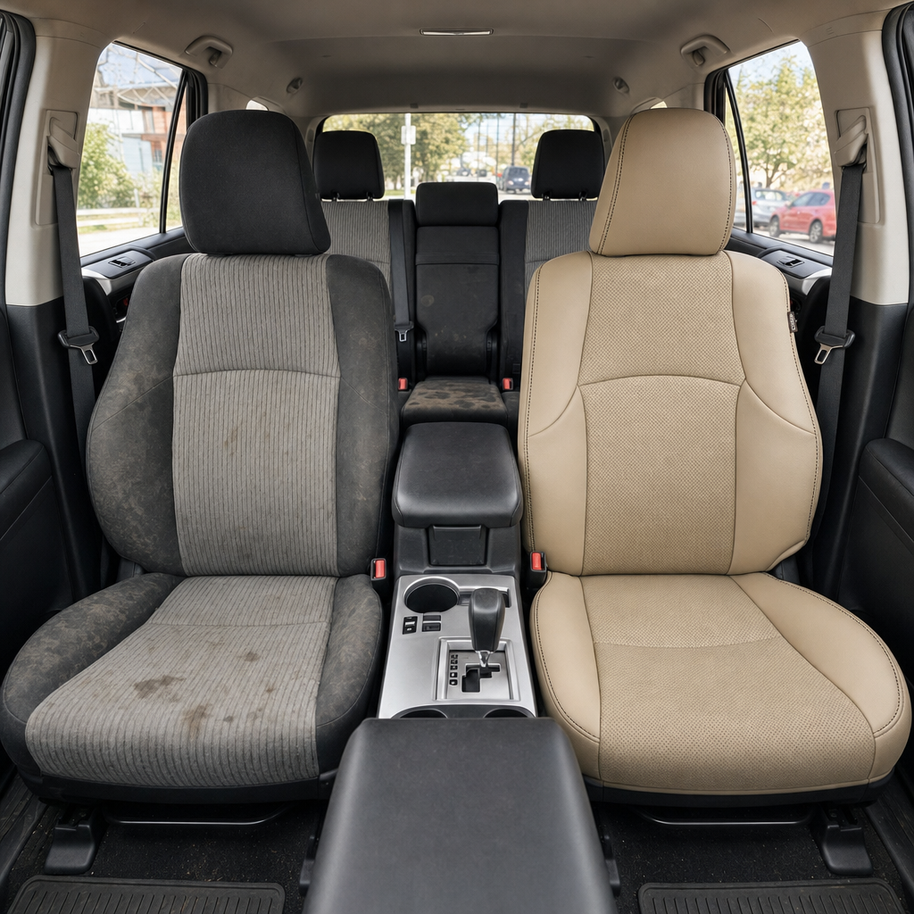 Before-and-after front in-cabin view of a 2010–2024 Toyota 4Runner SR5 showing a seat upholstery upgrade: the left front seat has worn factory gray cloth upholstery, while the right front seat features an upgraded Leatherteck leather seat kit in Ivory with perforated Ivory inserts and black contrast stitching. The image also shows the front center console, gear shifter, cupholders, black armrest, rear bench seat, headrests, seatbelts, red seatbelt buckles, side windows, door panels, black floor mats, and d