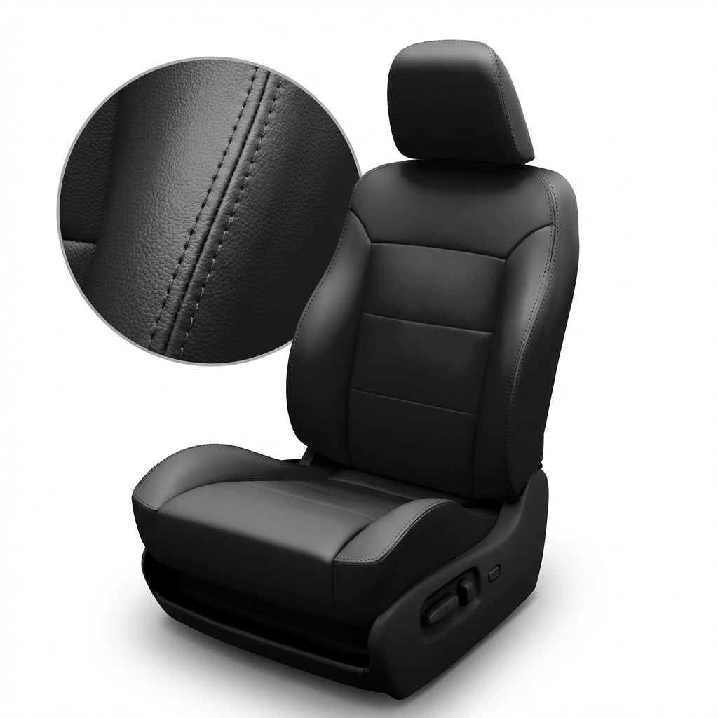 Black car seat with detailed stitching and a close-up of the texture on a white background