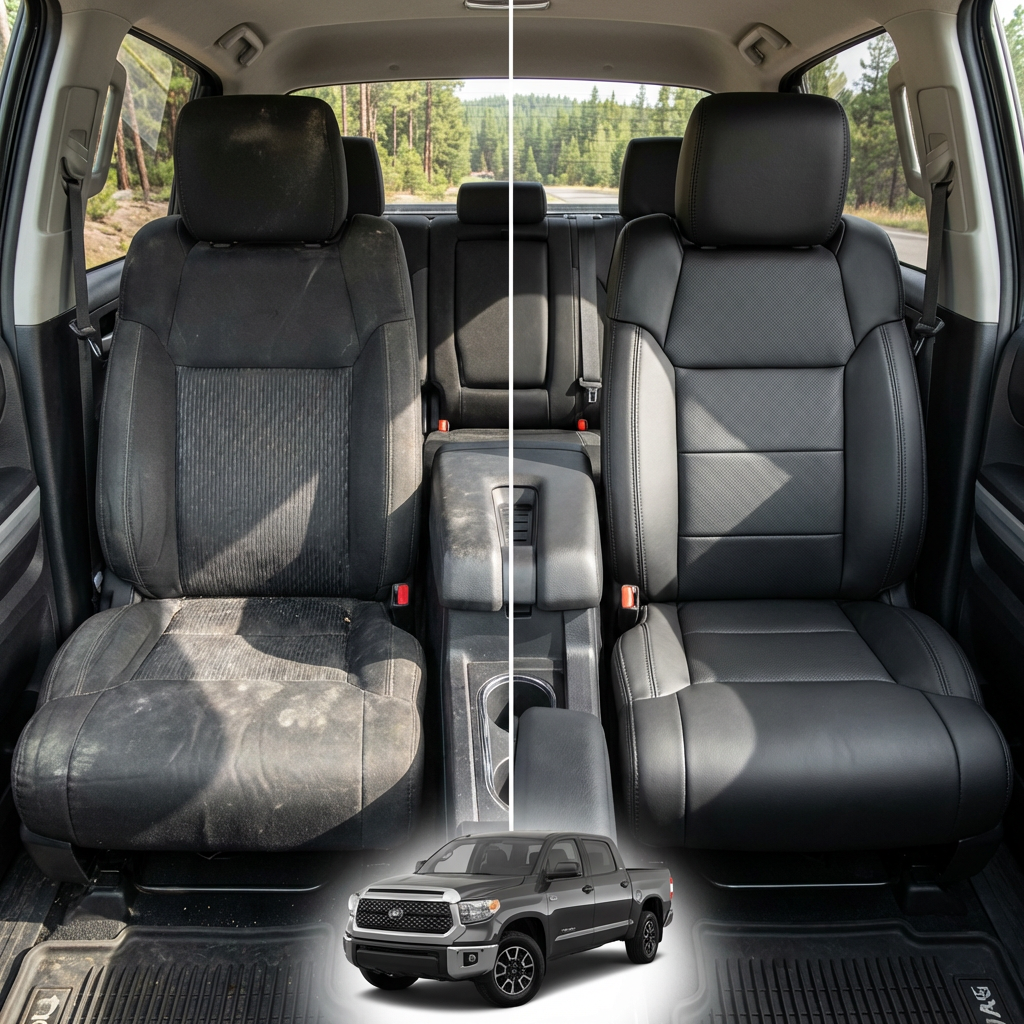 Before-and-after comparison of Kia_Forte front seats, showing original cloth seat upgraded to perforated leather upholstery.