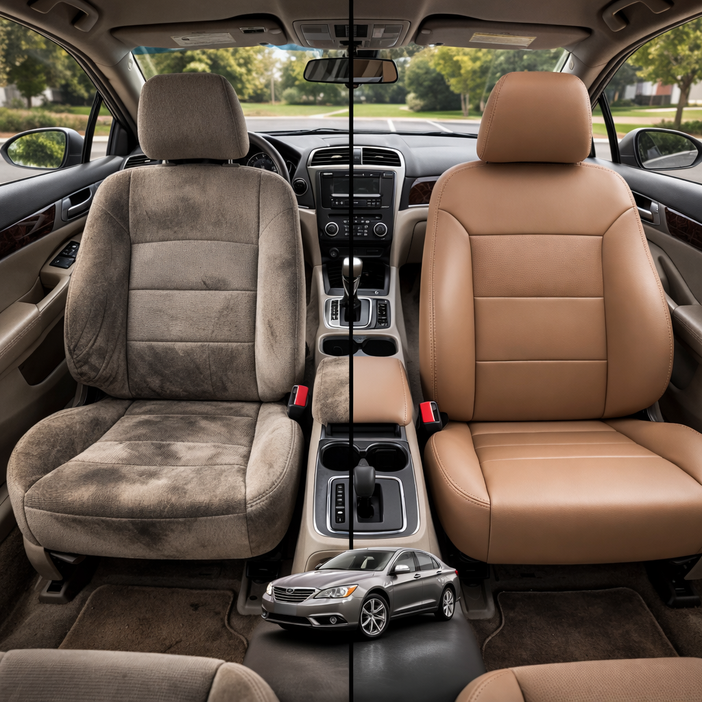 Before-and-after comparison of Kia_Forte front seats, showing original cloth seat upgraded to perforated leather upholstery.