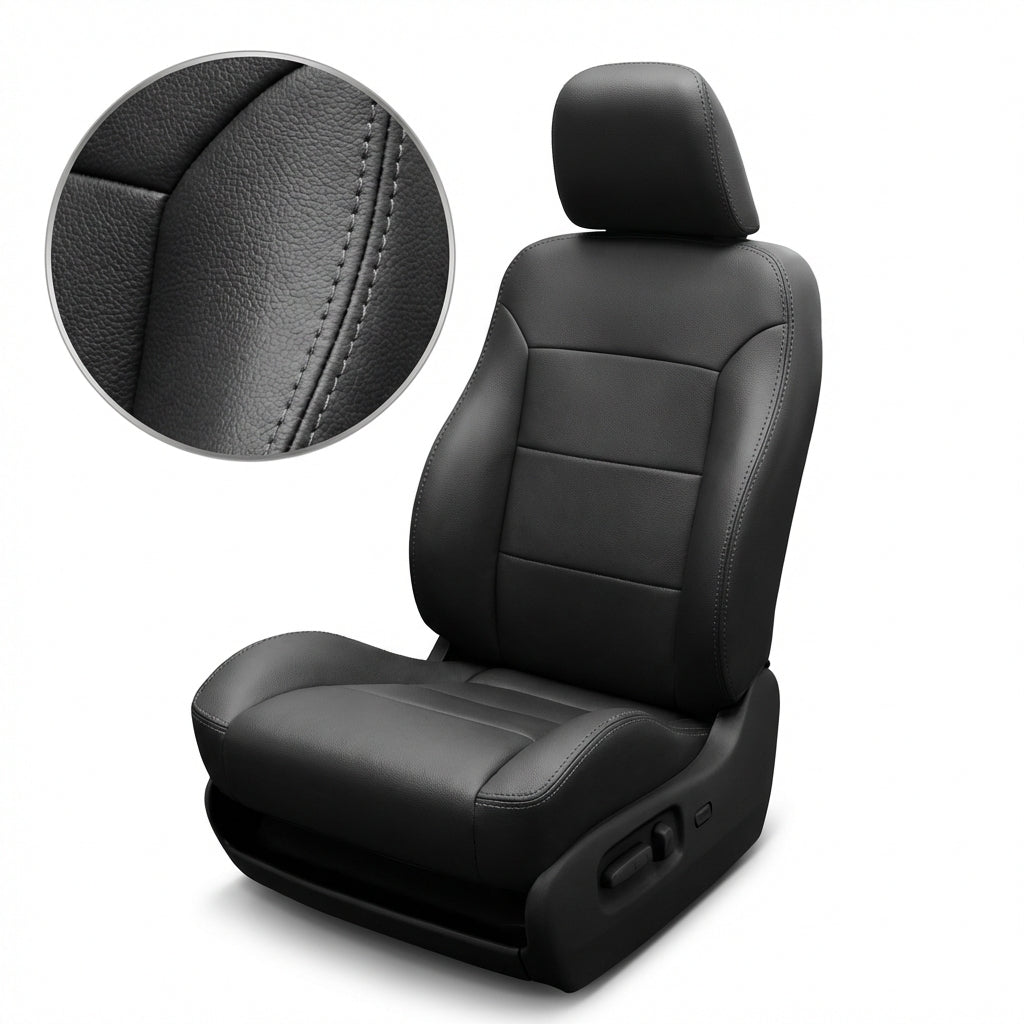 Black car seat cover with detailed stitching on a white background