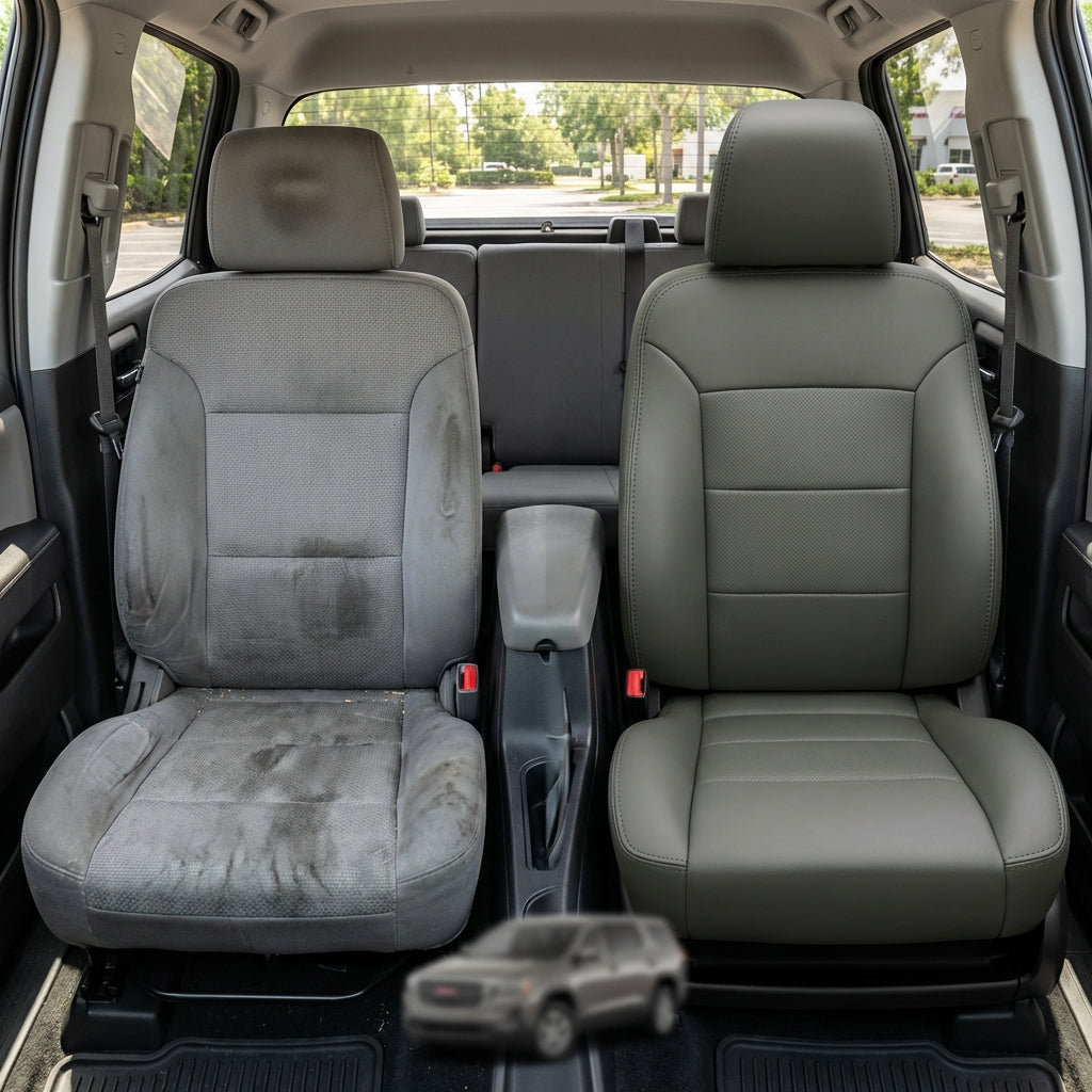 Before-and-after comparison of Cadillac CTS front seats, showing cloth seat upgraded to perforated leather upholstery.
