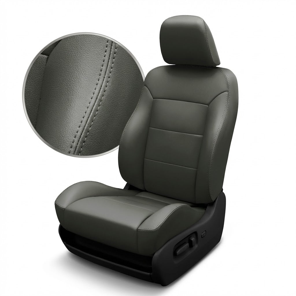 Gray car seat cover with detailed stitching on a white background