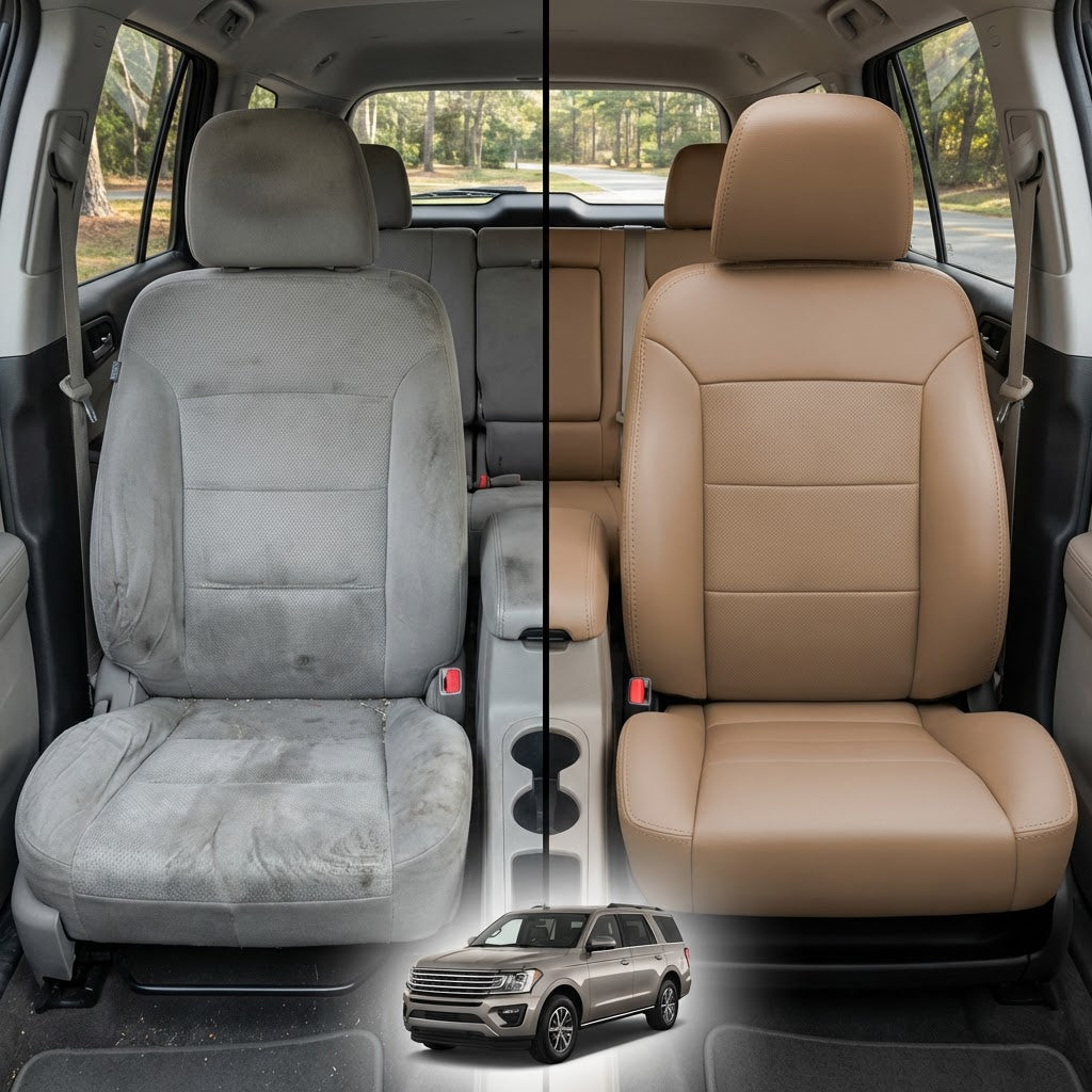 Before-and-after comparison of Cadillac CTS front seats, showing cloth seat upgraded to perforated leather upholstery.
