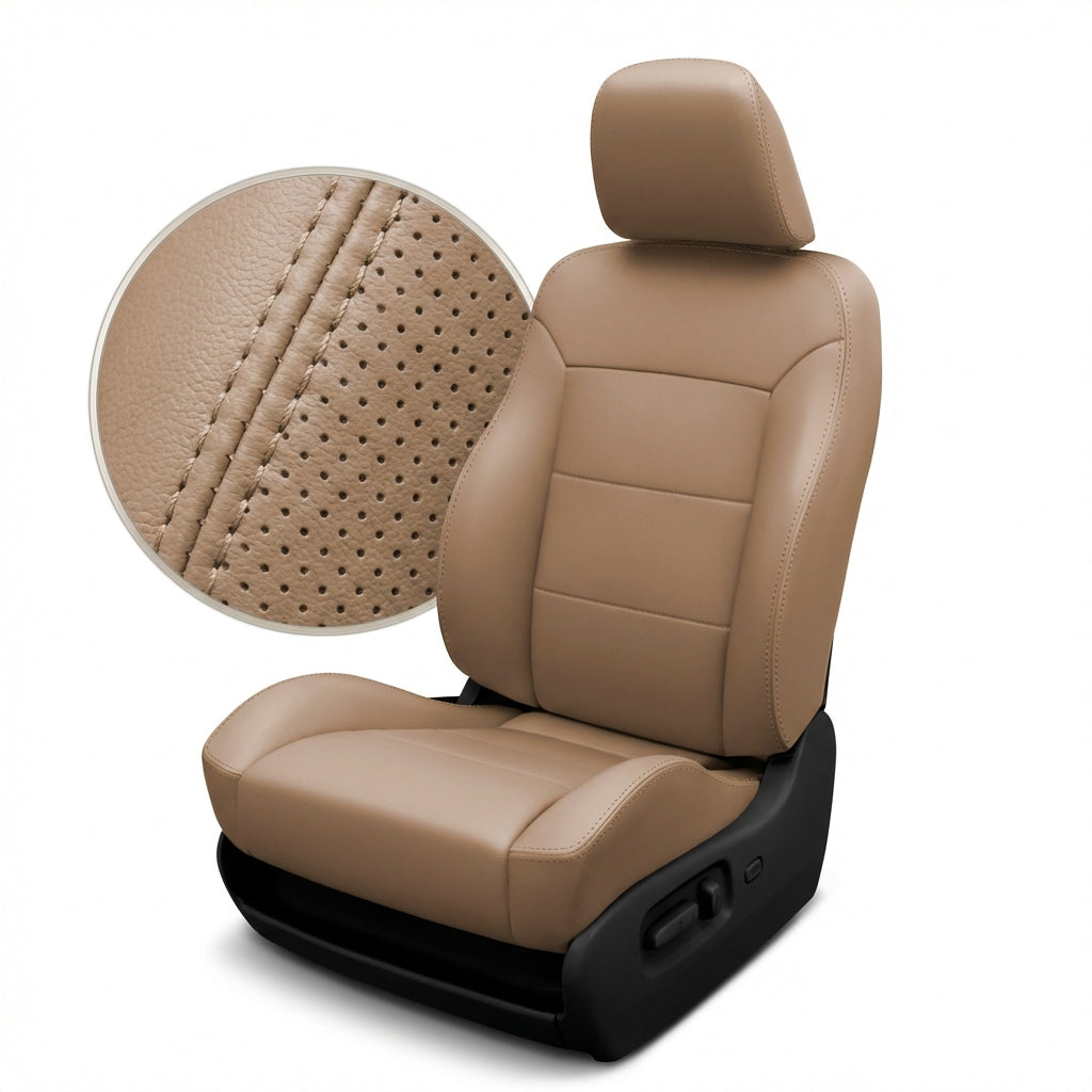 Beige car seat with detailed stitching pattern on a white background