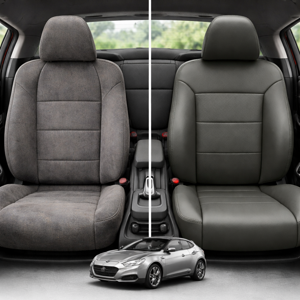 Before and after of Honda CR-Z car interior with gray and black seats after leatherteck upholstery