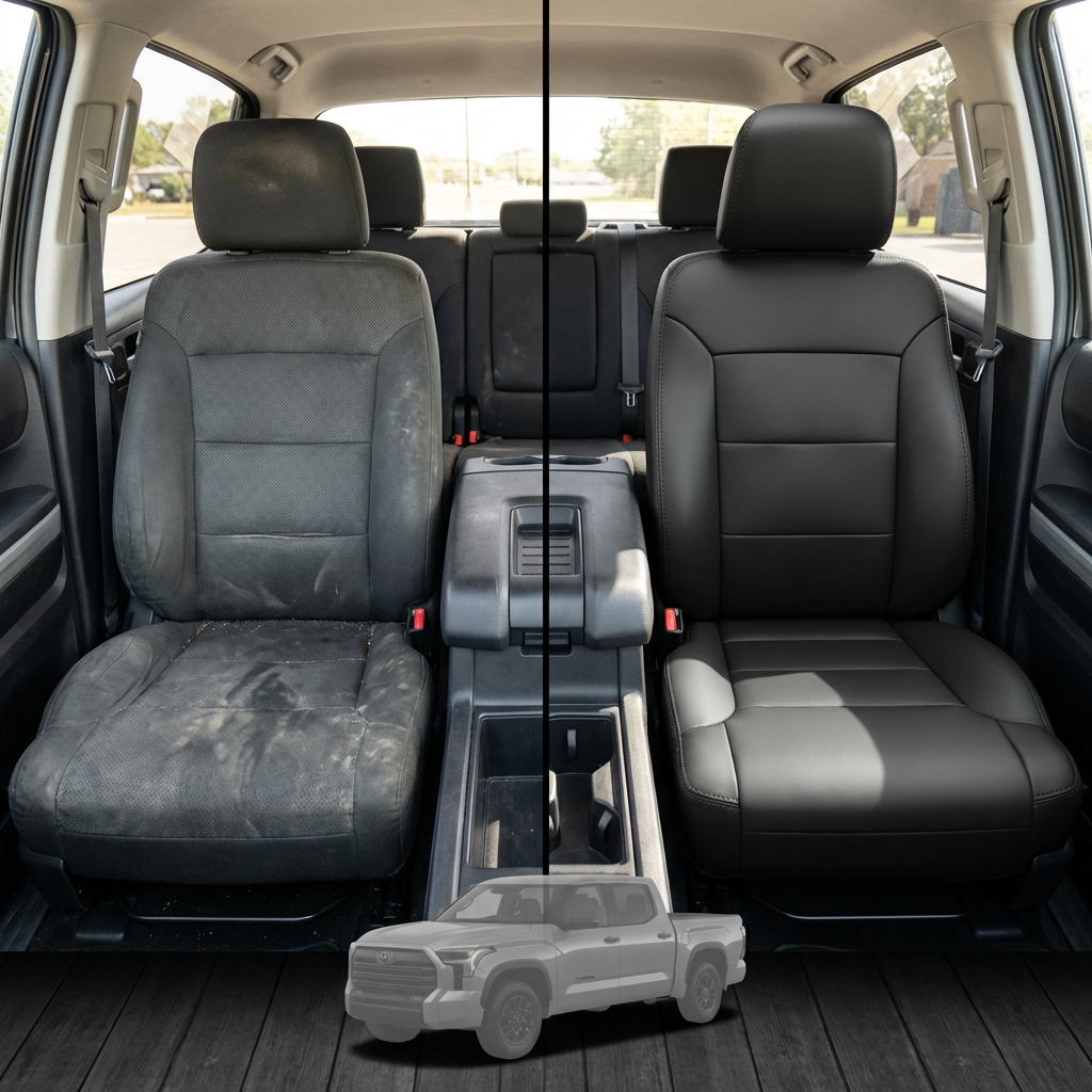 Before-and-after comparison of Nissan_Juke front seats, showing original cloth seat upgraded to perforated leather upholstery.