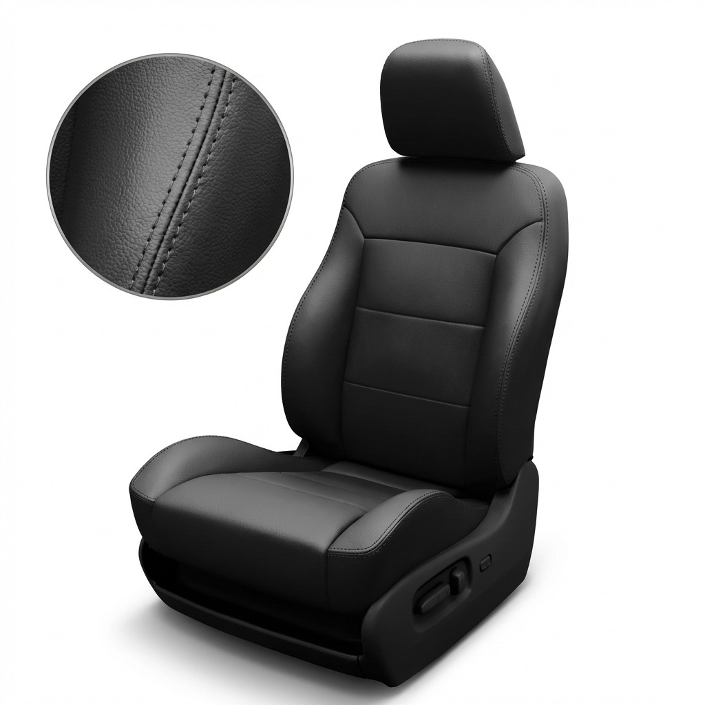 Black car seat with close-up of stitching detail on a white background