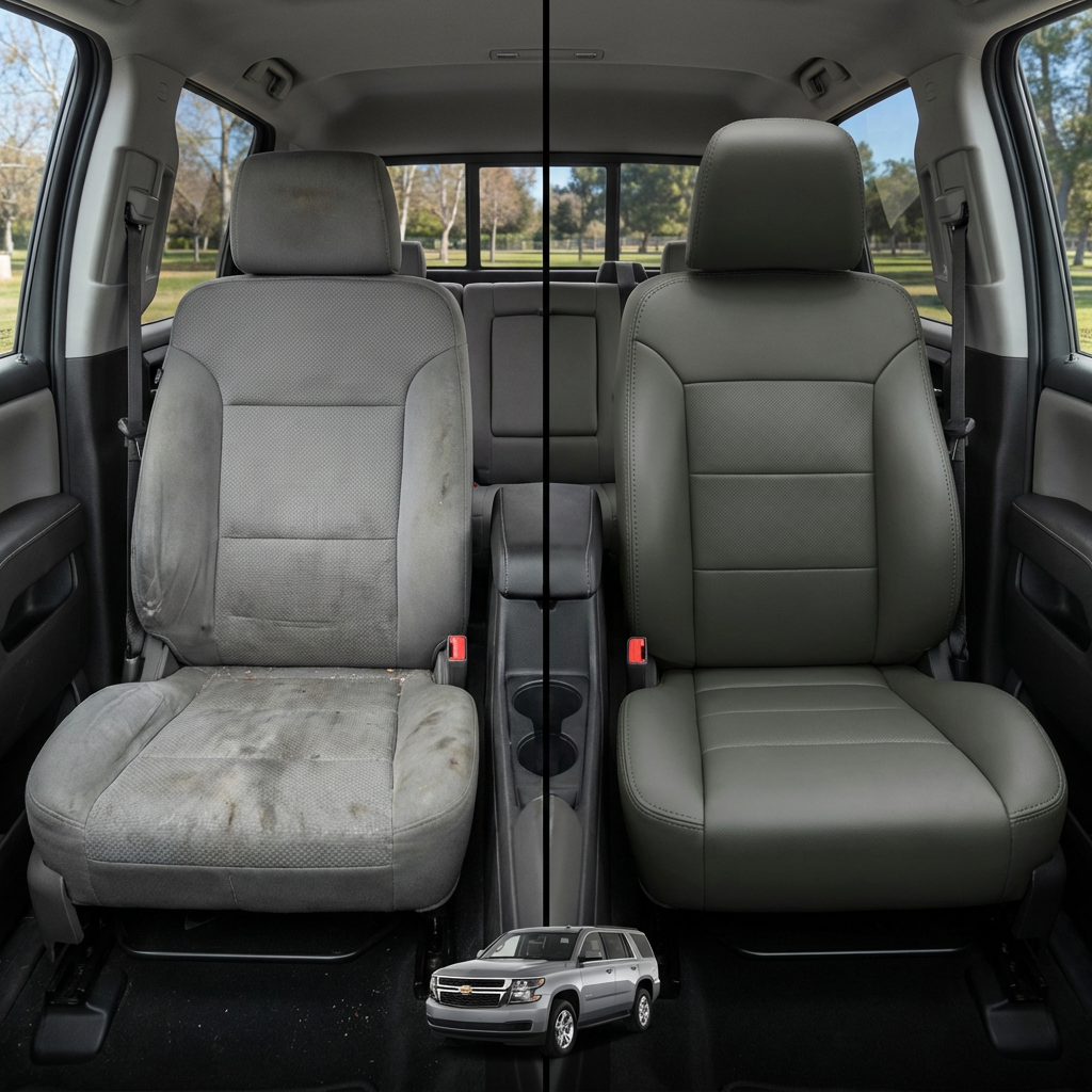 Before-and-after comparison of Nissan_Juke front seats, showing original cloth seat upgraded to perforated leather upholstery.