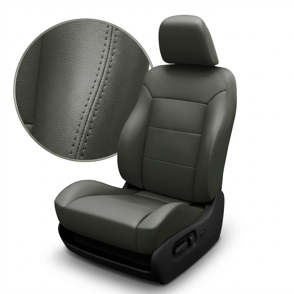 Gray car seat with detailed stitching on a white background